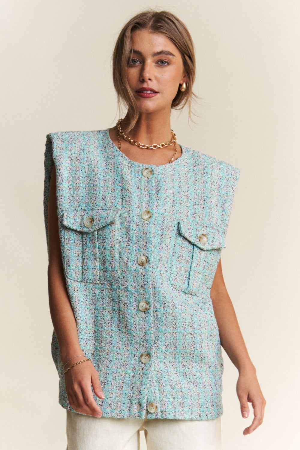 J.NNA Frayed Tweed Padded Shoulder Vest-TOPS / DRESSES-[Adult]-[Female]-2022 Online Blue Zone Planet