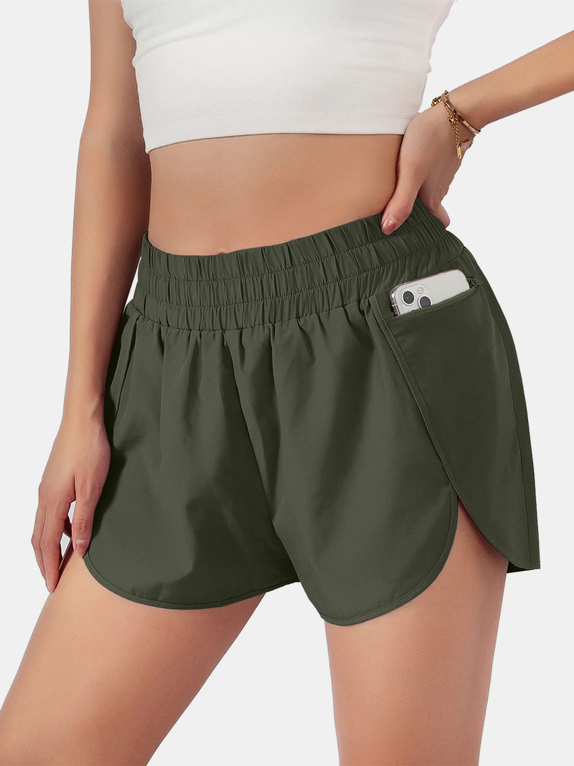 Blue Zone Planet | Elastic Waist Active Shorts-TOPS / DRESSES-[Adult]-[Female]-Army Green-S-2022 Online Blue Zone Planet