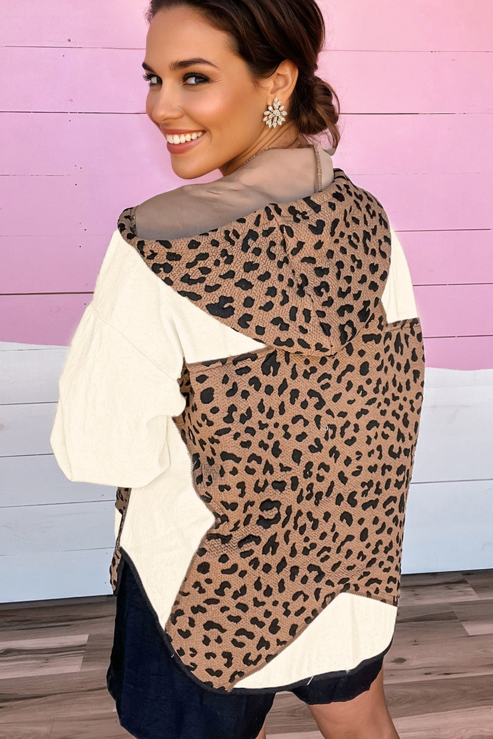Brown Leopard Star Hooded Patchwork Contrast Piping Open Front Jacket-Outerwear/Jackets-[Adult]-[Female]-2022 Online Blue Zone Planet