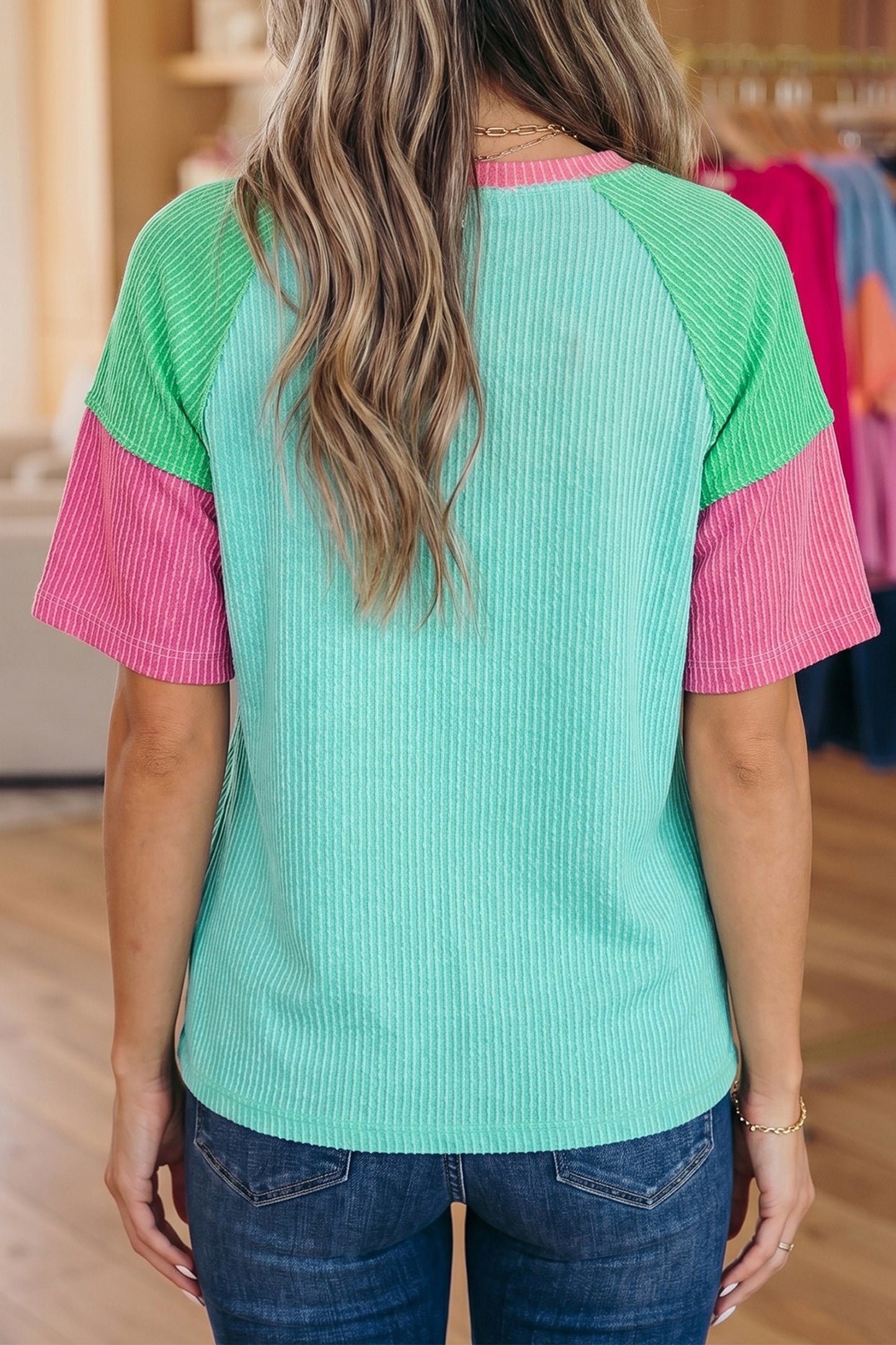 Aruba Blue Color Block Twisted Ribbed Tee-Tops/Tops & Tees-[Adult]-[Female]-2022 Online Blue Zone Planet