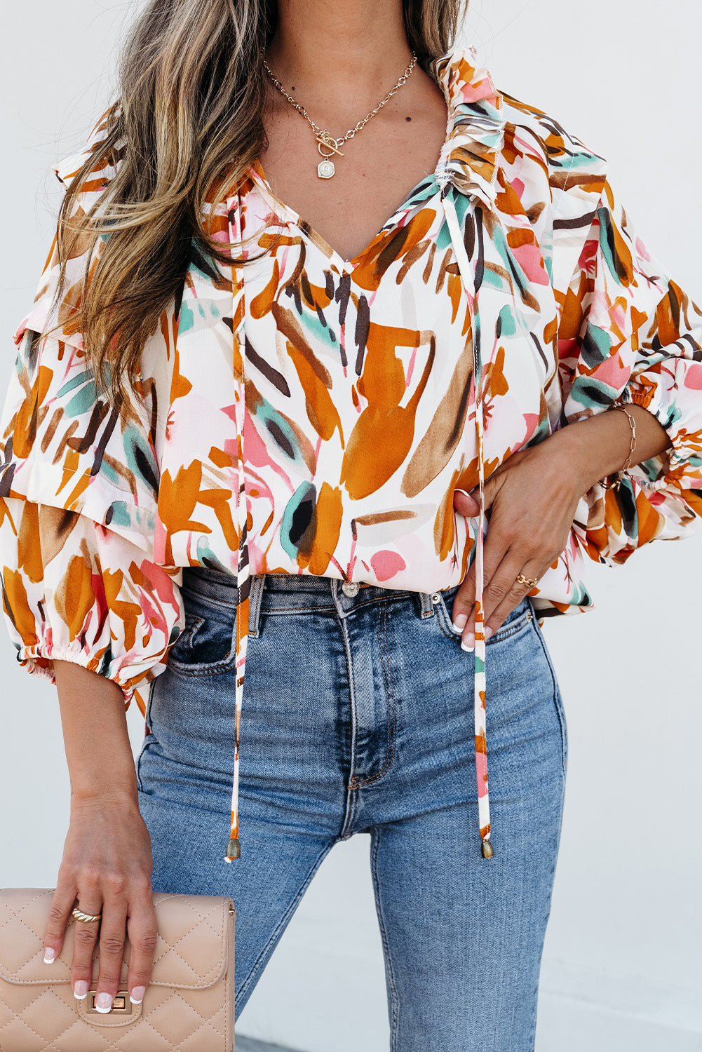 Blue Zone Planet | Yellow Abstract Print Drawstring Frilled V Neck 3/4 Sleeve Blouse-Tops/Blouses & Shirts-[Adult]-[Female]-2022 Online Blue Zone Planet