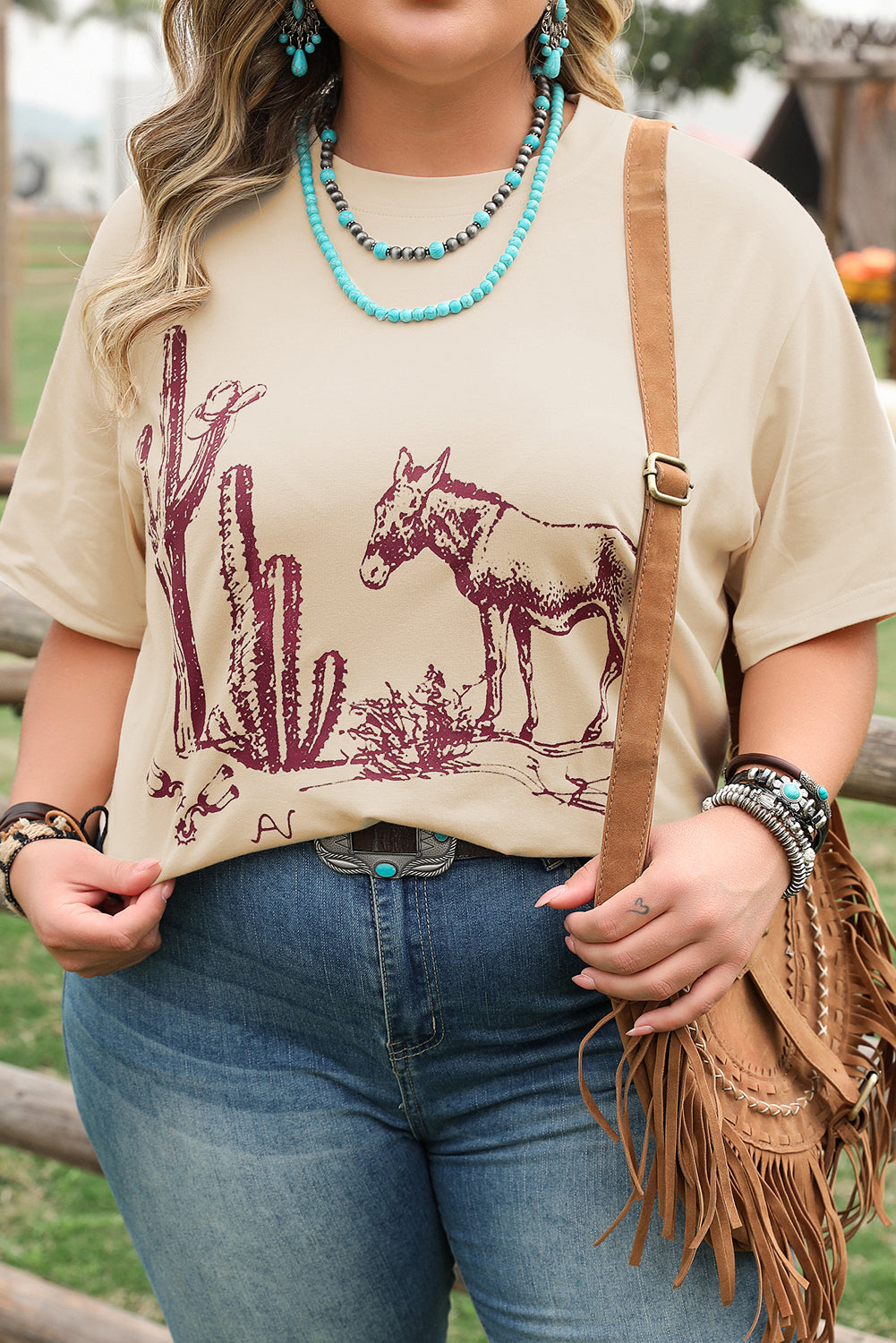 Parchment Western Burro Cactus Crew Neck Graphic Tee-Plus Size/Plus Size Tops/Plus Size Tops & Tees-[Adult]-[Female]-2022 Online Blue Zone Planet
