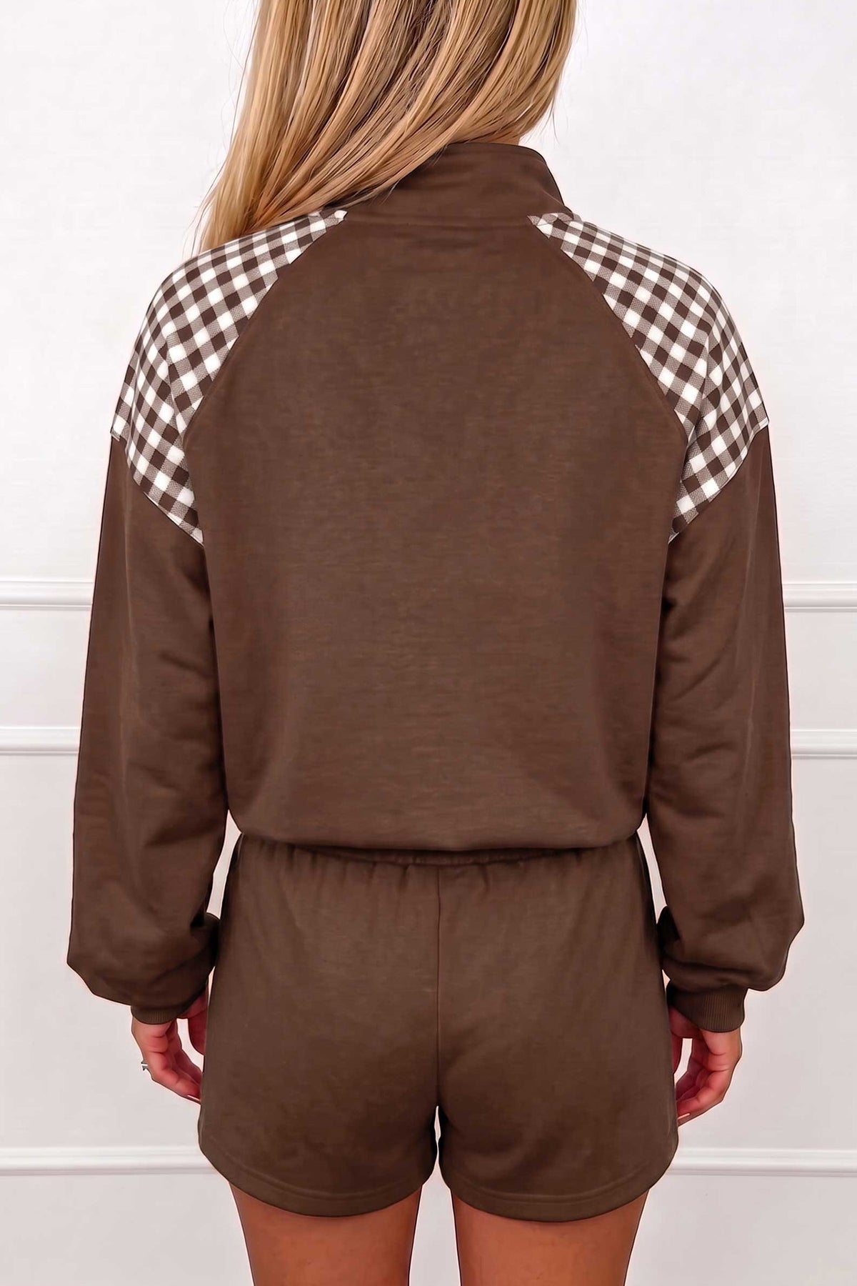 Coffee Plaid Patchwork Half Zip Pullover Drawstring Short Set-Two Piece Sets/Short Sets-[Adult]-[Female]-2022 Online Blue Zone Planet