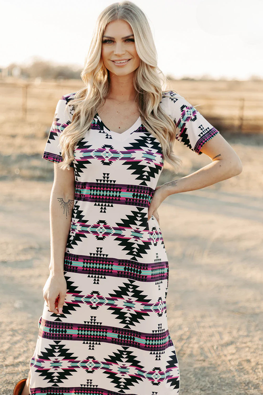 Beige Western Aztec Printed Long T-shirt Dress-Dresses/T Shirt Dresses-[Adult]-[Female]-2022 Online Blue Zone Planet