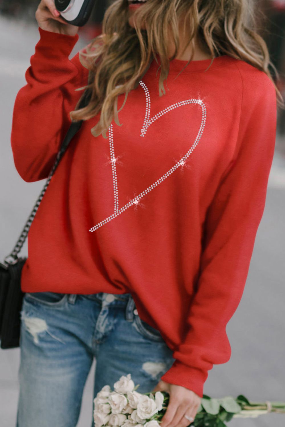 Valentine's Day Rhinestone Heart Long Sleeve Sweatshirt-TOPS / DRESSES-[Adult]-[Female]-2022 Online Blue Zone Planet