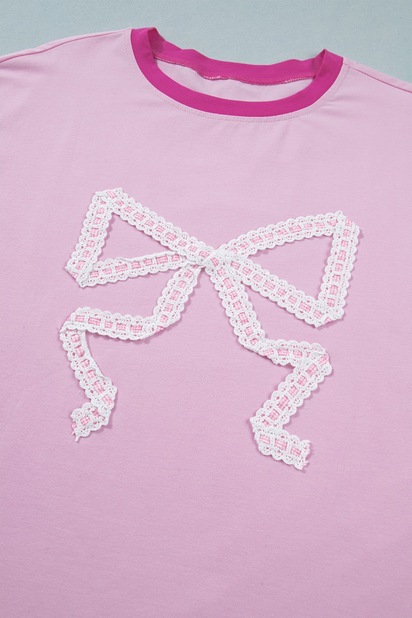 Gossamer Pink Embroidered Bow Detail Color Block Loose Tee-Tops/Tops & Tees-[Adult]-[Female]-2022 Online Blue Zone Planet