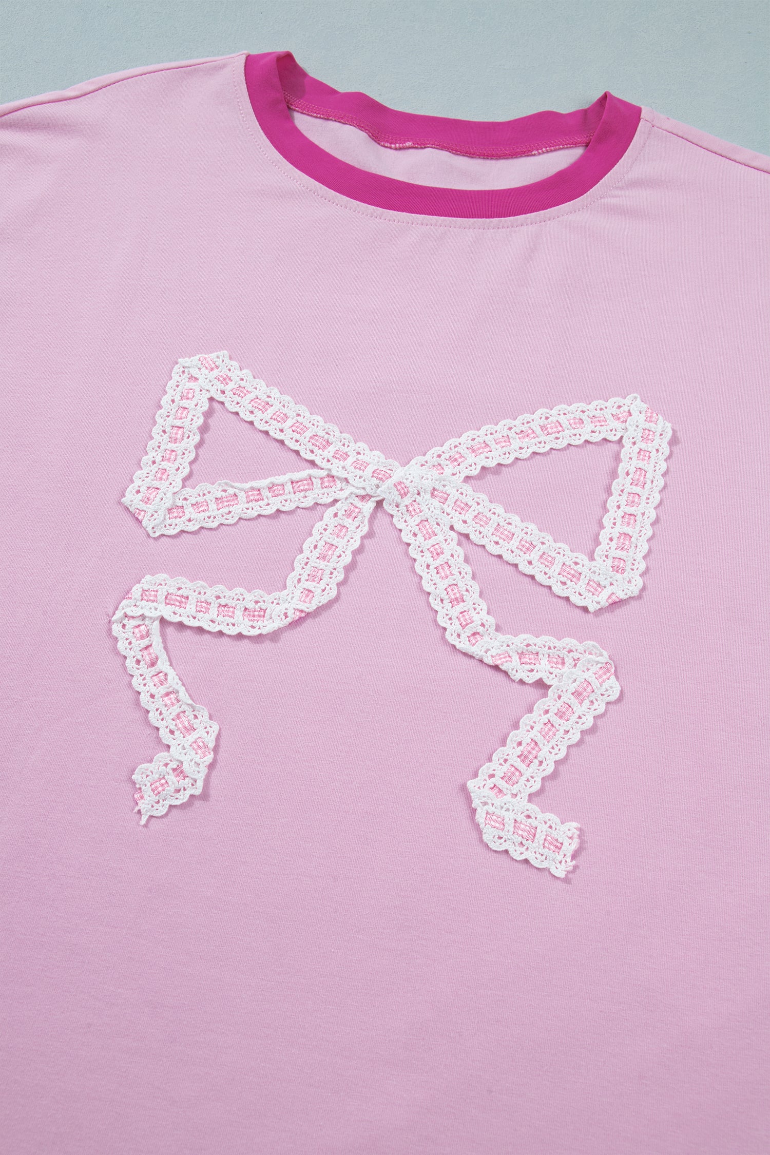 Gossamer Pink Embroidered Bow Detail Color Block Loose Tee-Tops/Tops & Tees-[Adult]-[Female]-2022 Online Blue Zone Planet