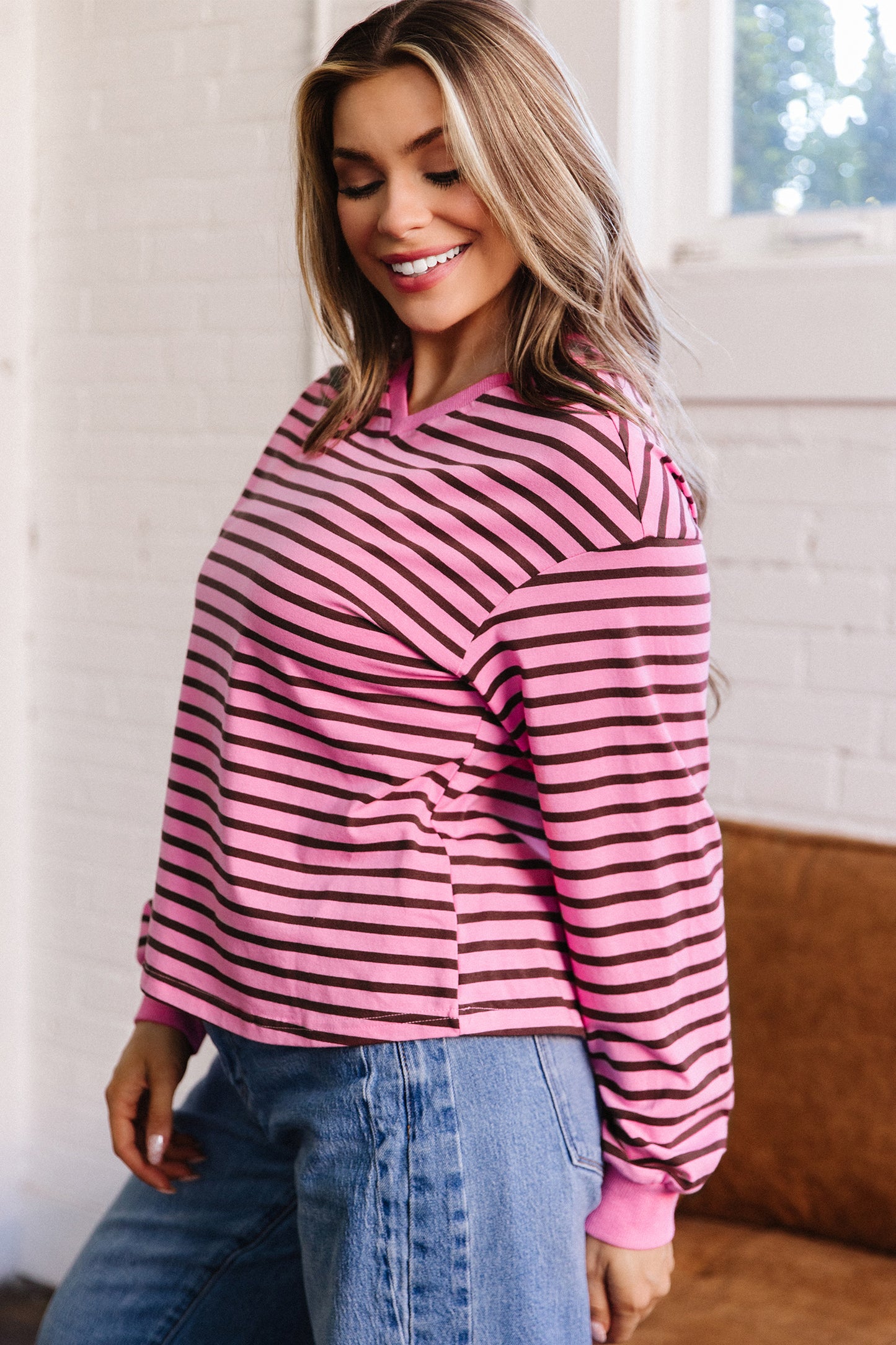 Pink Stripe V Neck Long Sleeve Drop Shoulder Blouse-Tops/Long Sleeve Tops-[Adult]-[Female]-2022 Online Blue Zone Planet
