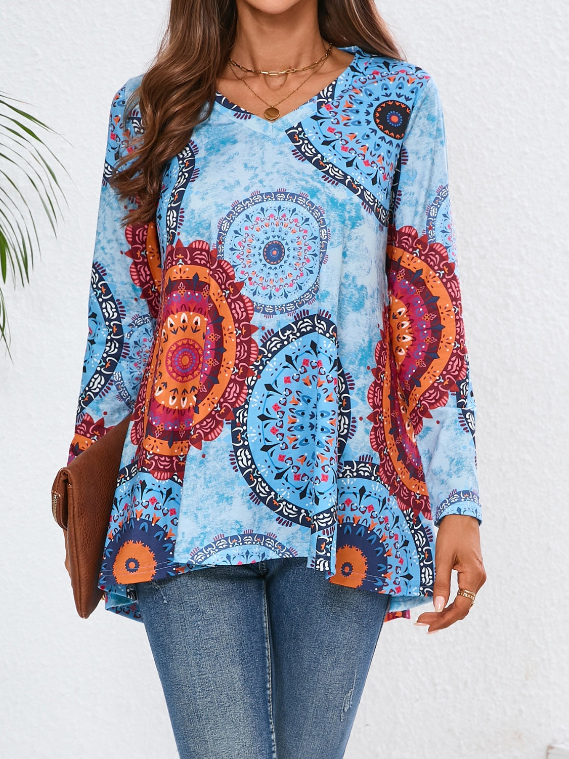 Geometric Printed V-Neck Long Sleeve T-Shirt-TOPS / DRESSES-[Adult]-[Female]-Pastel Blue-S-2022 Online Blue Zone Planet