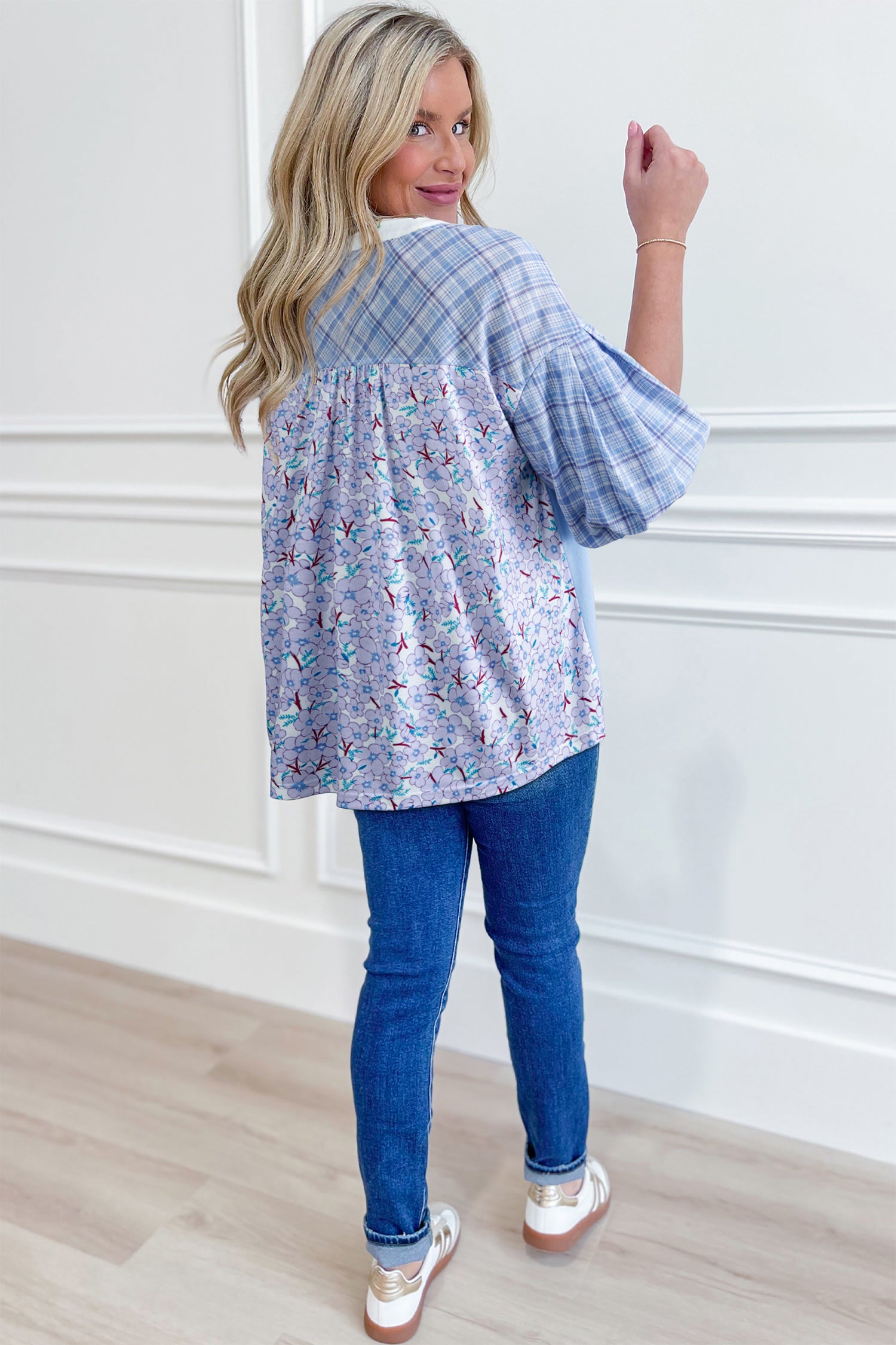 Beau Blue Color Block Plaid Bubble Sleeve Patchwork Blouse-Tops/Blouses & Shirts-[Adult]-[Female]-2022 Online Blue Zone Planet