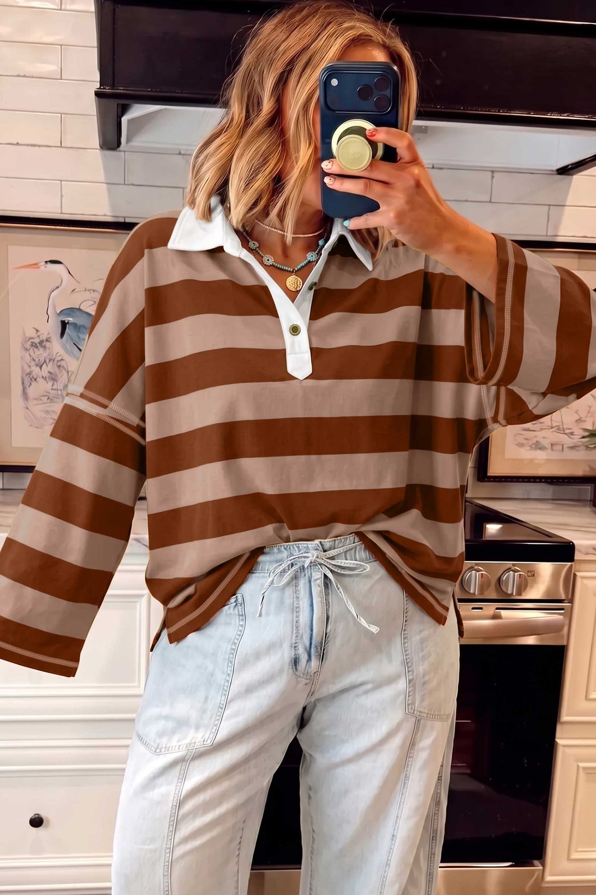 Brown Stripe Contrast Polo Collar Bracelet Sleeve Loose Top-Bracelet-[Adult]-[Female]-2022 Online Blue Zone Planet