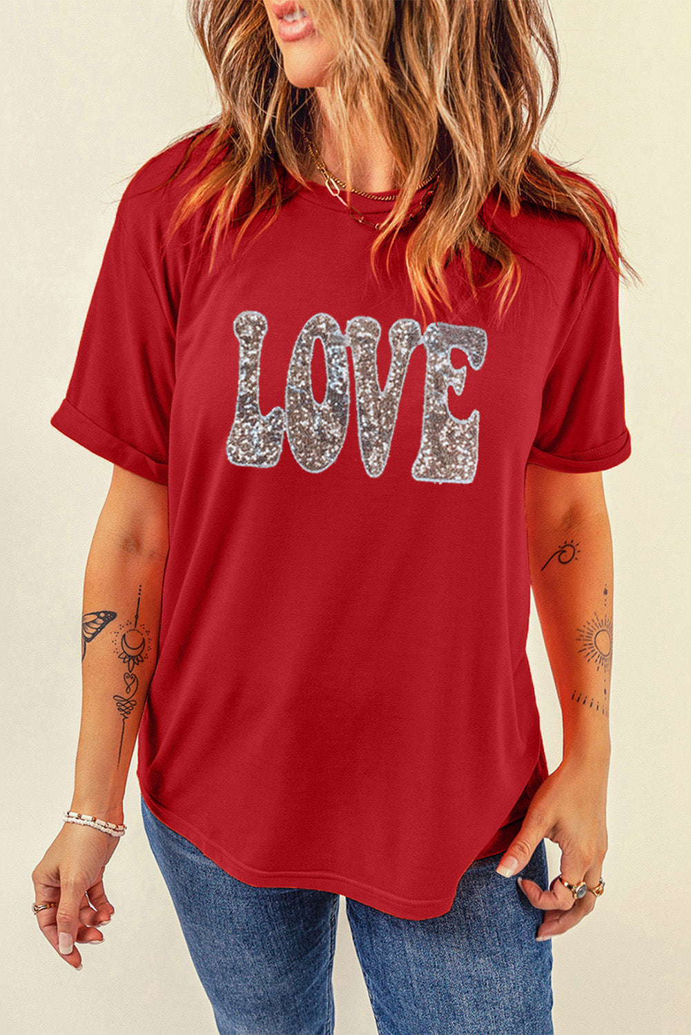 Red Sequined LOVE Letter Valentines T-shirt-Graphic/Graphic Tees-[Adult]-[Female]-2022 Online Blue Zone Planet