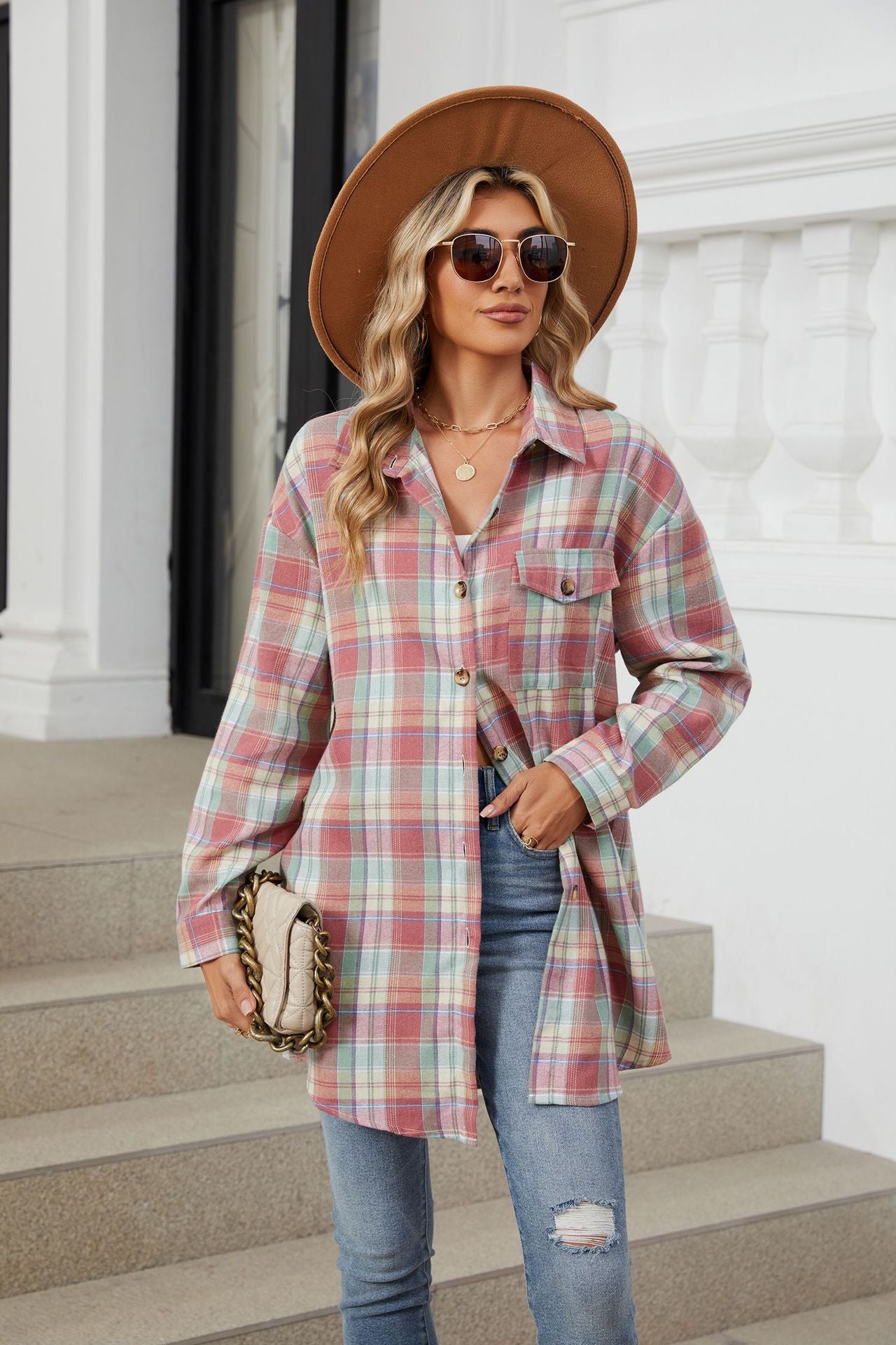 Plaid Collared Neck Long Sleeve Shirt-TOPS / DRESSES-[Adult]-[Female]-Dusty Pink-S-2022 Online Blue Zone Planet