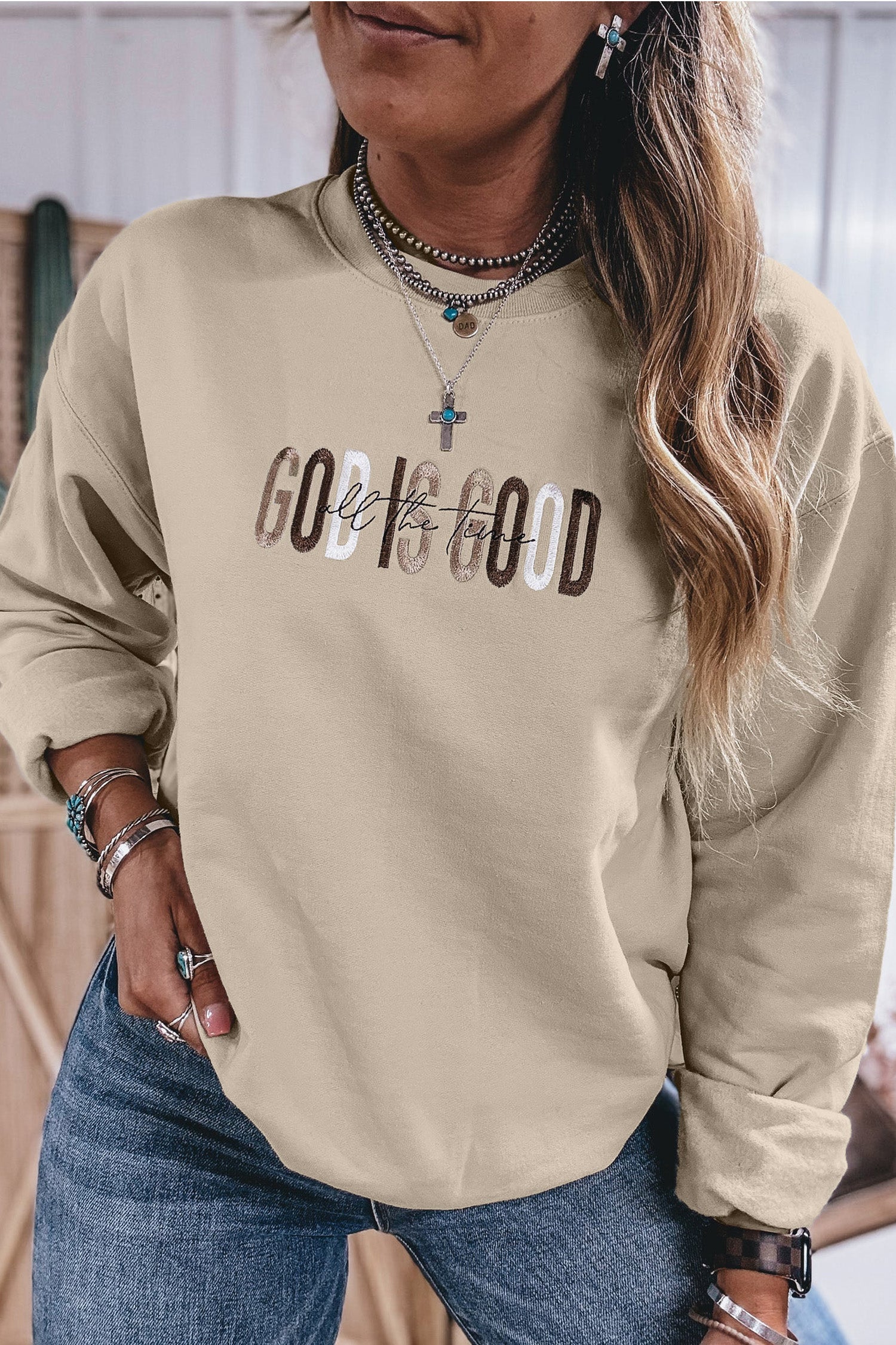Jet Stream GOD IS GOOD Western Embroidered Letter Crewneck Pullover Sweatshirt-Tops/Sweatshirts & Hoodies-[Adult]-[Female]-2022 Online Blue Zone Planet