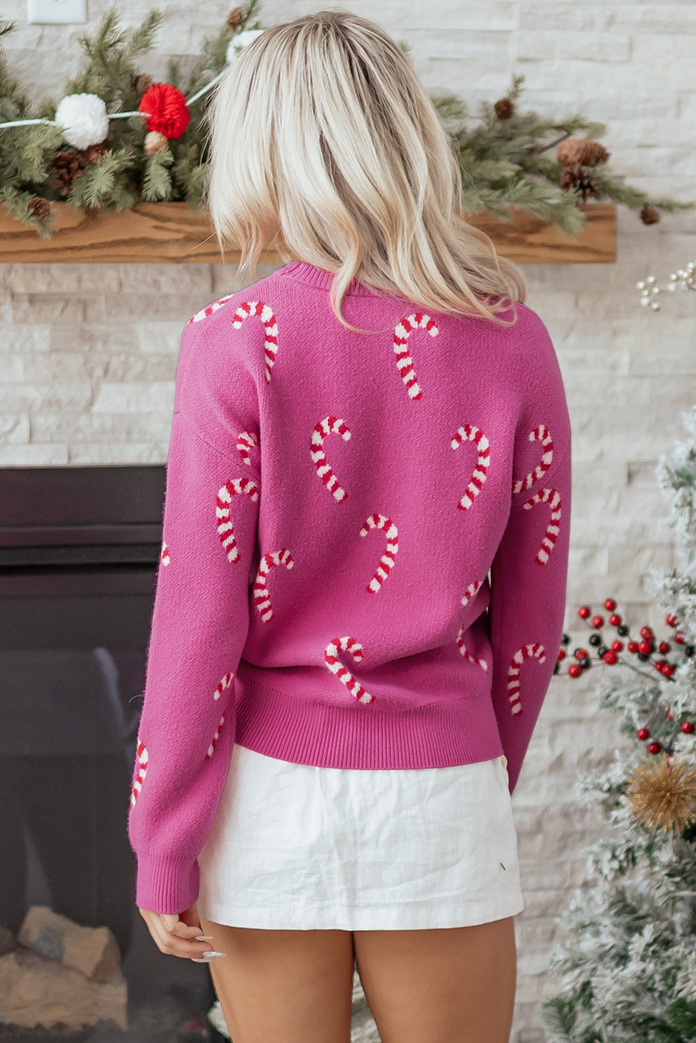 Sachet Pink Christmas Candy Cane Holiday Drop Shoulder Sweater-Sweaters & Cardigans/Sweaters-[Adult]-[Female]-2022 Online Blue Zone Planet