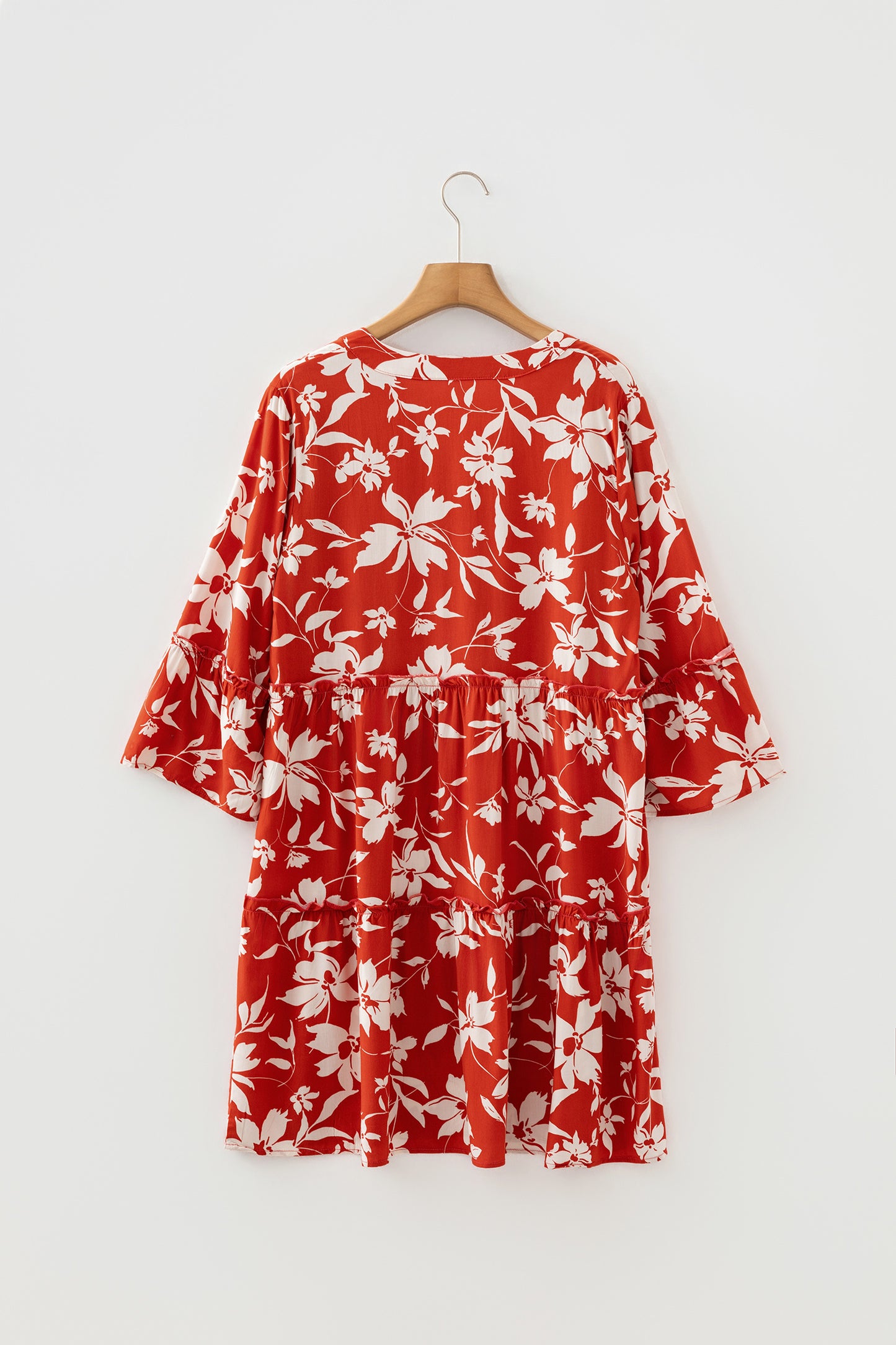 Red Boho Floral Print Lettuce Trim 3/4 Sleeve Mini Dress-TOPS / DRESSES-[Adult]-[Female]-2022 Online Blue Zone Planet