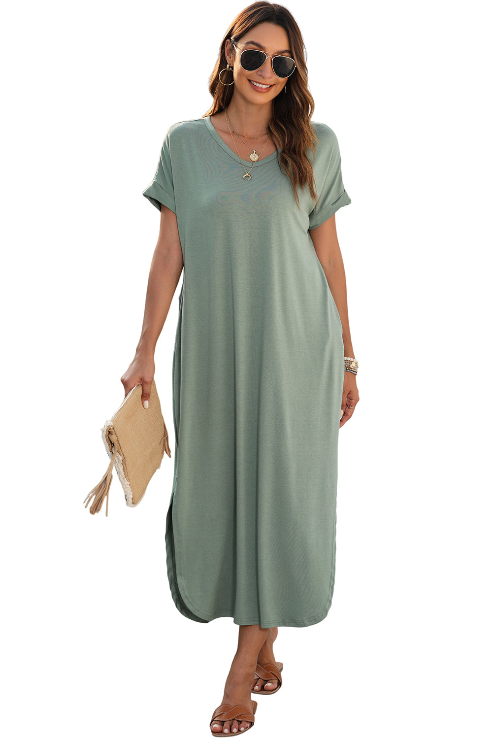 Blue Zone Planet |  Grass Green V Neck Hidden Pocket Splits Maxi T-shirt Dress Blue Zone Planet