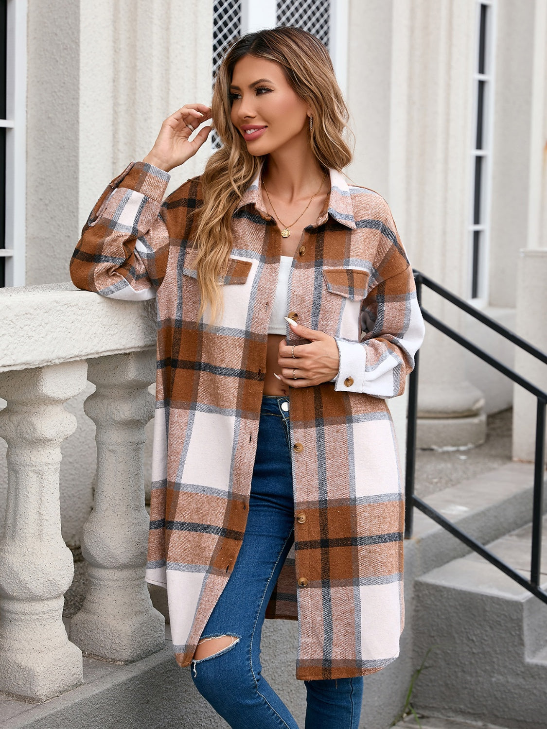 Plaid Button Up Long Sleeve Longline Outerwear-TOPS / DRESSES-[Adult]-[Female]-2022 Online Blue Zone Planet