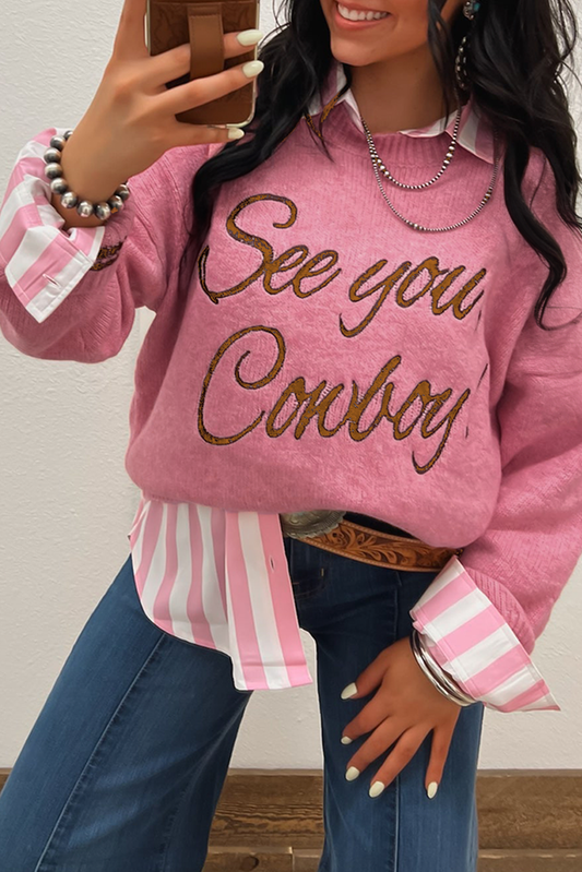 Peach Blossom See You Cowboy Embroidered Western Graphic Sweater-Sweaters & Cardigans/Sweaters-[Adult]-[Female]-Peach Blossom-S-2022 Online Blue Zone Planet