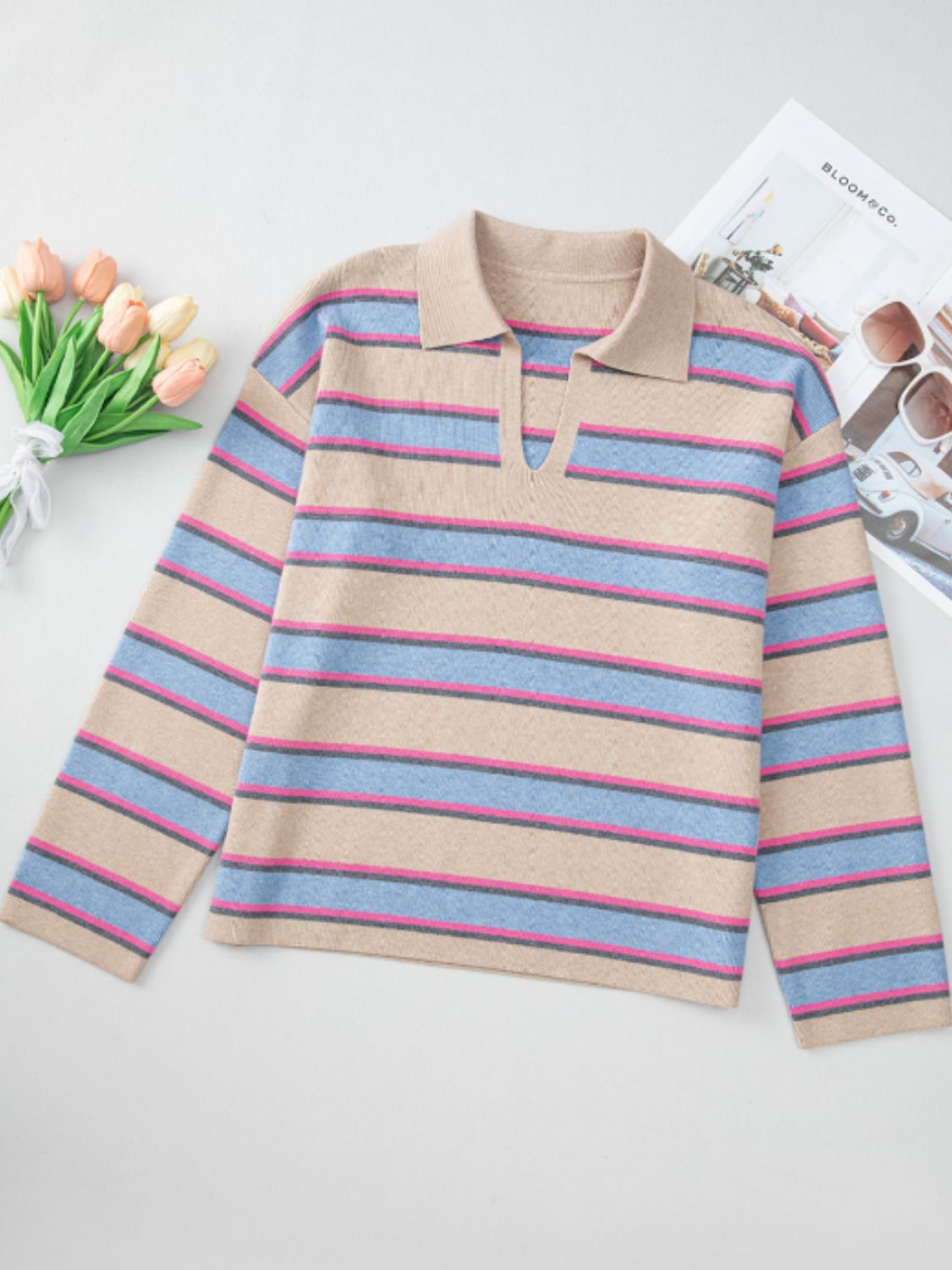 Blue Zone Planet | Johnny Collar Long Sleeve Stripe Sweater-TOPS / DRESSES-[Adult]-[Female]-2022 Online Blue Zone Planet