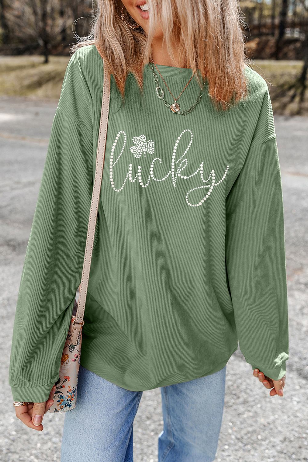 Grass Green Rhinestone lucky Clover Graphic Ribbed St Patrick Sweatshirt-Graphic Sweatshirts-[Adult]-[Female]-2022 Online Blue Zone Planet