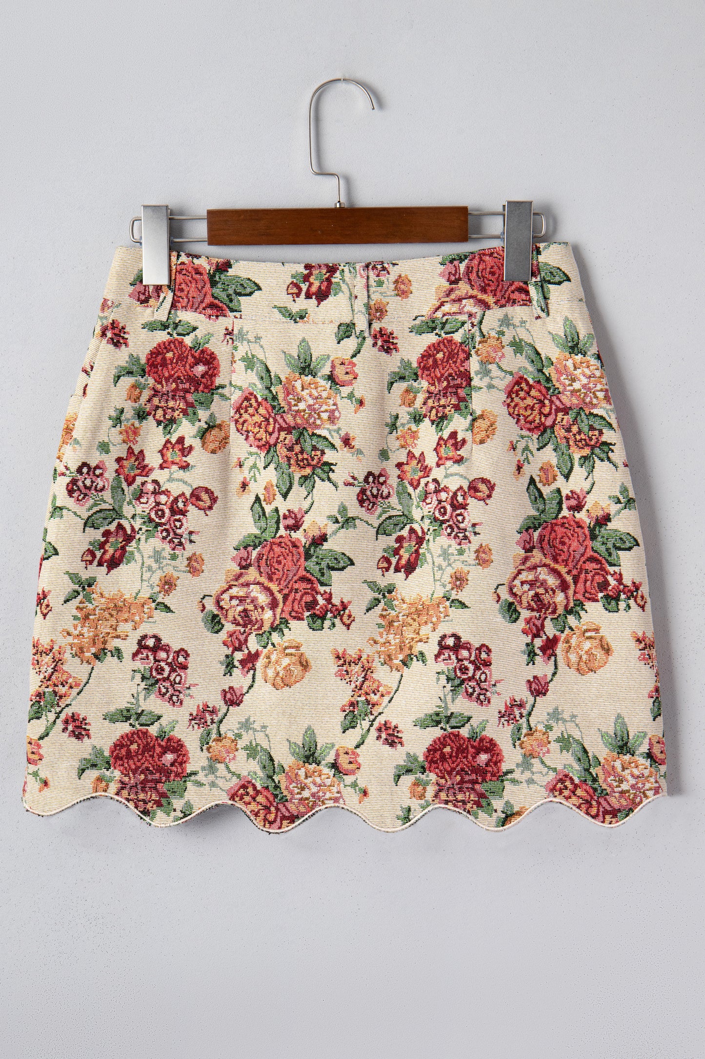 Apricot Buttoned Front Scalloped Trim Mini Jacquard Floral Skirt-Bottoms/Skirts & Petticoat-[Adult]-[Female]-2022 Online Blue Zone Planet