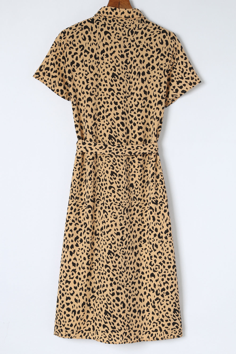 Khaki Leopard Turn-Down Collar Slit Midi Dress Blue Zone Planet