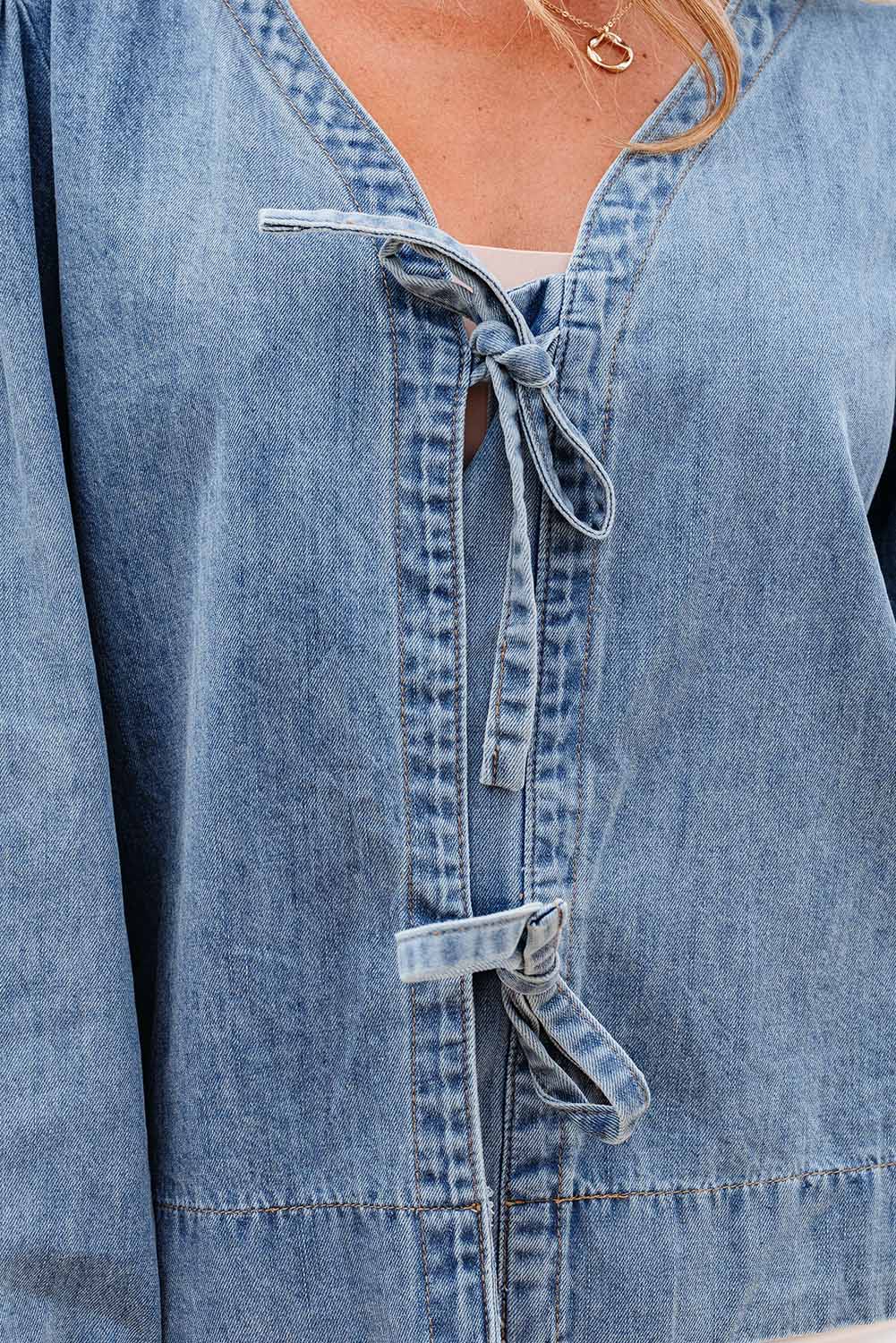 Dusk Blue Tied Front Long Puff Sleeve Denim Top-Tops/Blouses & Shirts-[Adult]-[Female]-2022 Online Blue Zone Planet