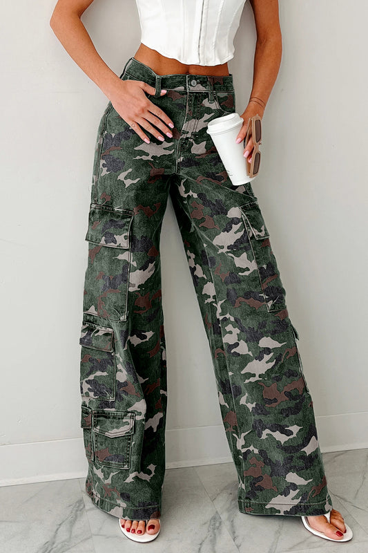 Green Camo Denim Cargo Wide Leg Pants-Bottoms/Jeans-[Adult]-[Female]-2022 Online Blue Zone Planet