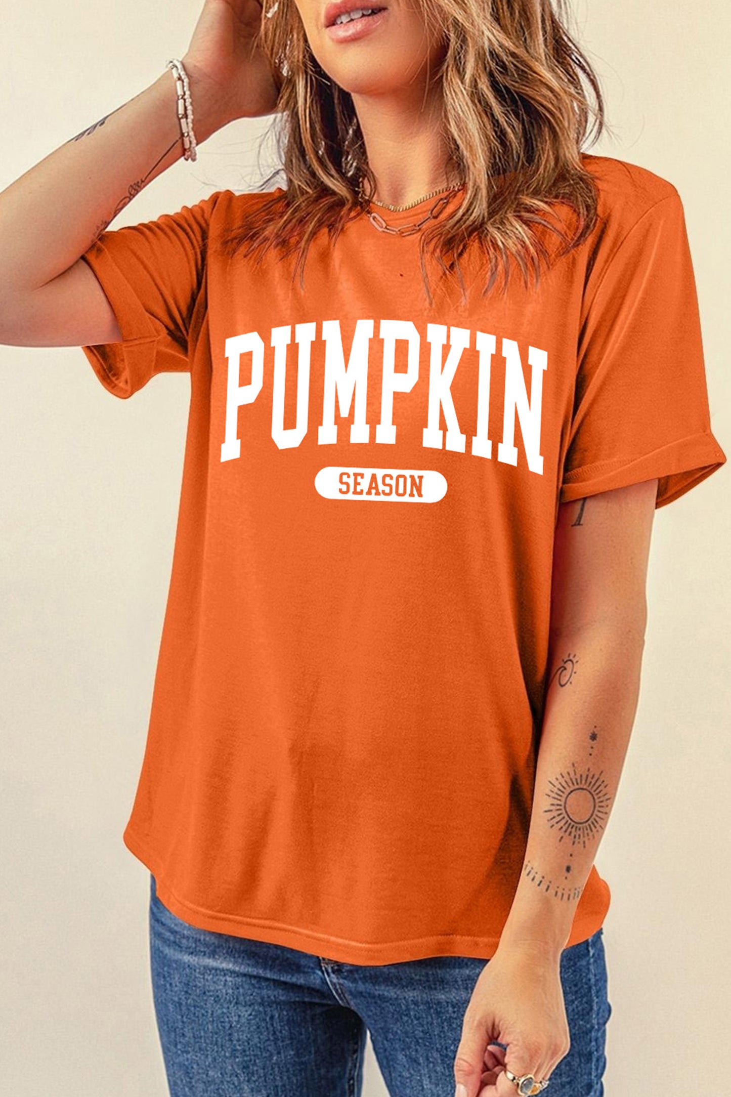 Orange PUMPKIN SEASON Letter Print Relaxed T Shirt-Graphic/Graphic Tees-[Adult]-[Female]-2022 Online Blue Zone Planet