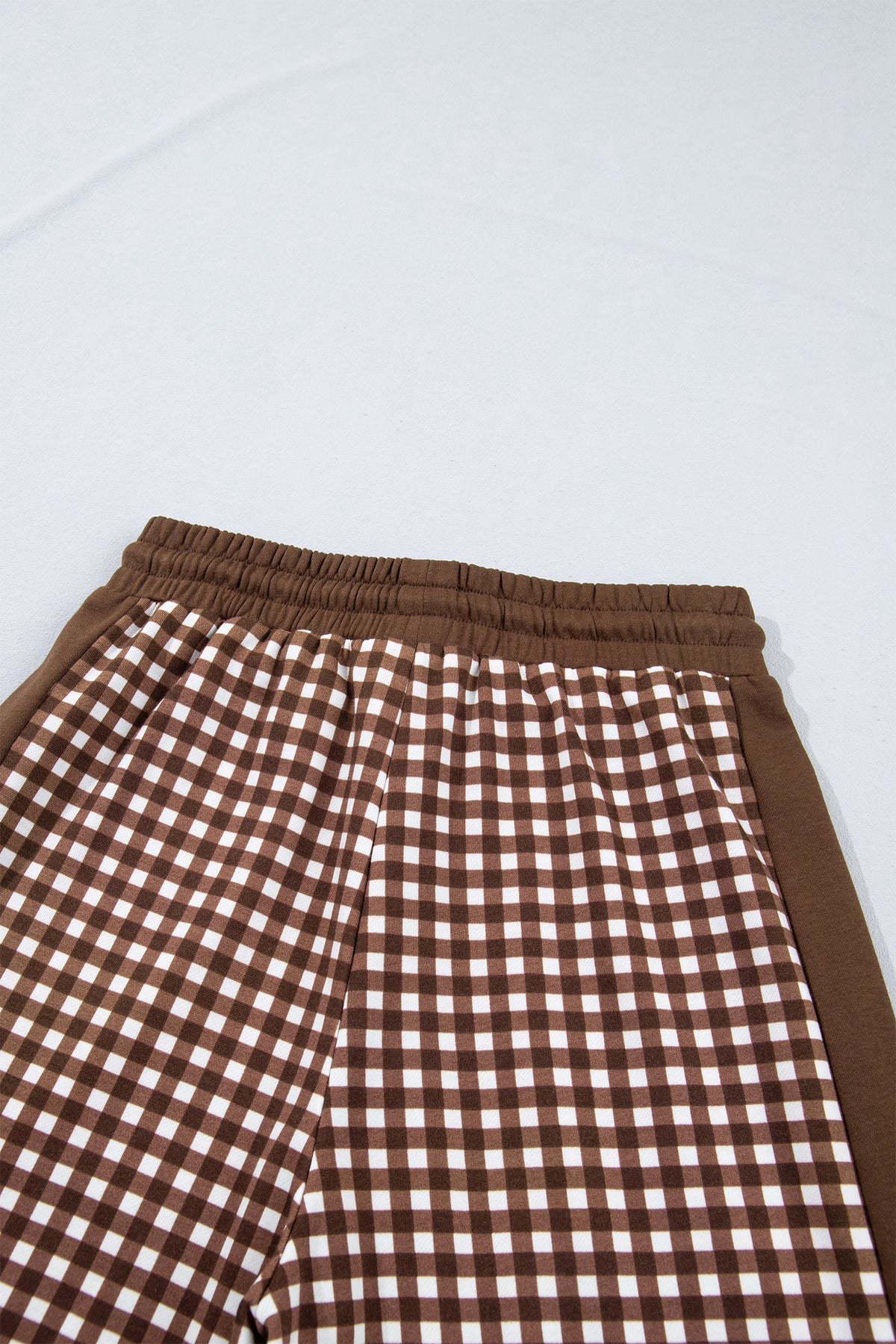 Khaki Color Block Plaid Patchwork Long Sleeve Pullover Wide Leg Pant Set-Two Piece Sets/Pant Sets-[Adult]-[Female]-2022 Online Blue Zone Planet