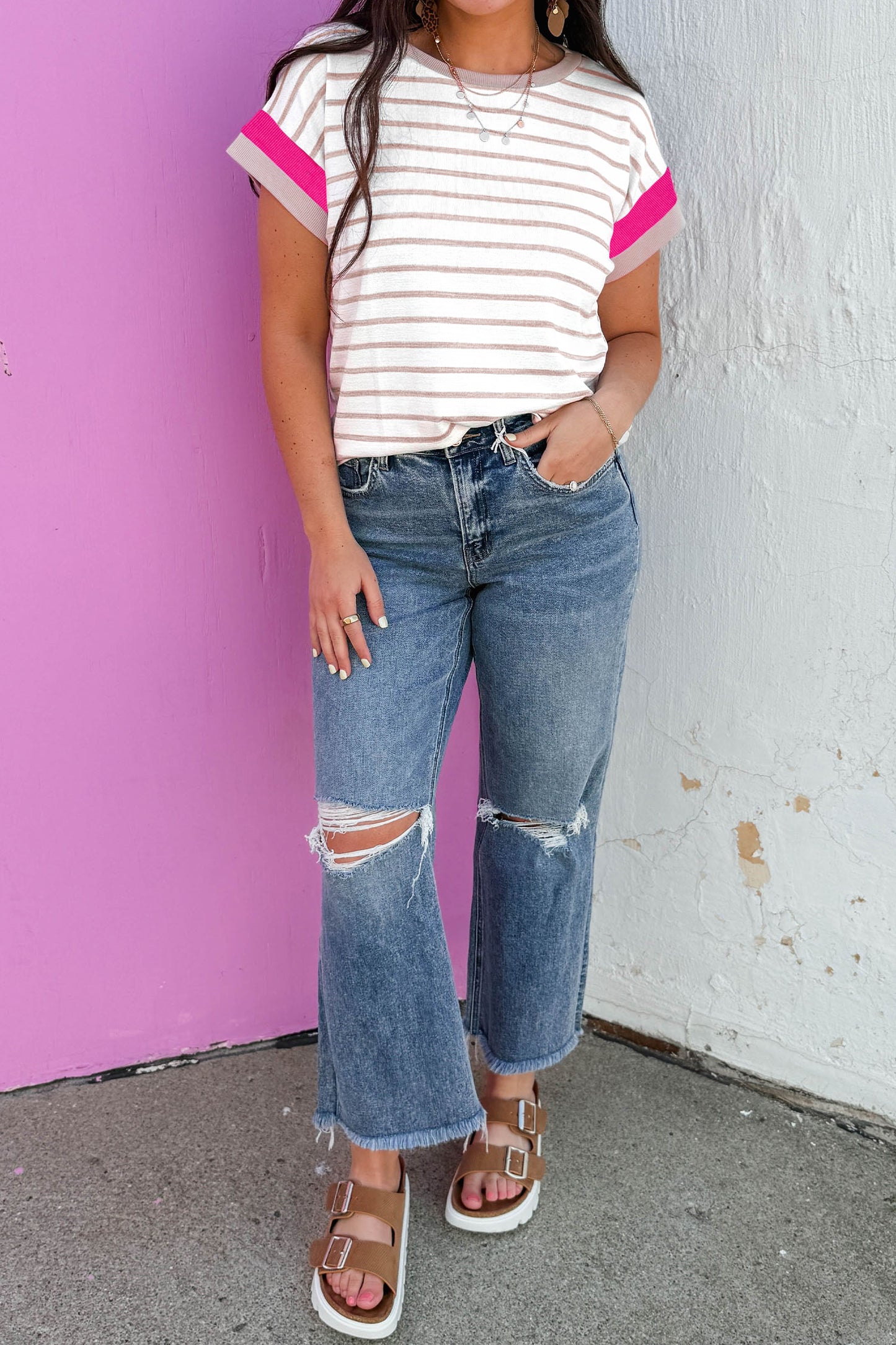 Khaki Stripe Color Block Trim Round Neck Short Sleeve Top-Tops/Tops & Tees-[Adult]-[Female]-2022 Online Blue Zone Planet