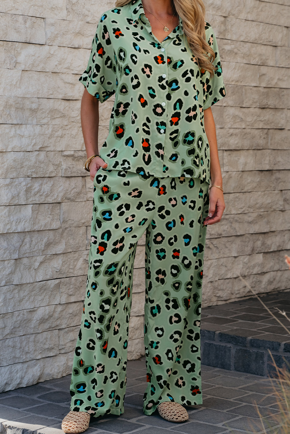 Green Leopard Print Short Sleeve Shirt and Wide Leg Pants Set-Two Piece Sets/Pant Sets-[Adult]-[Female]-2022 Online Blue Zone Planet