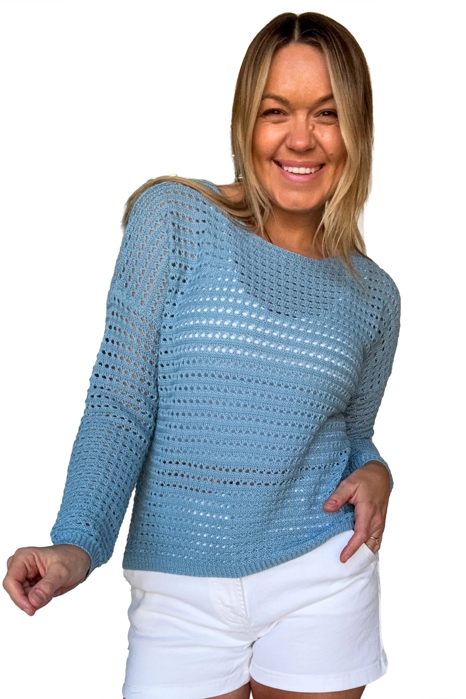 Myosotis Long Sleeve Crochet Knit Sweater Round Neck Loose Fit Casual Pullover-Sweaters & Cardigans/Sweaters-[Adult]-[Female]-2022 Online Blue Zone Planet