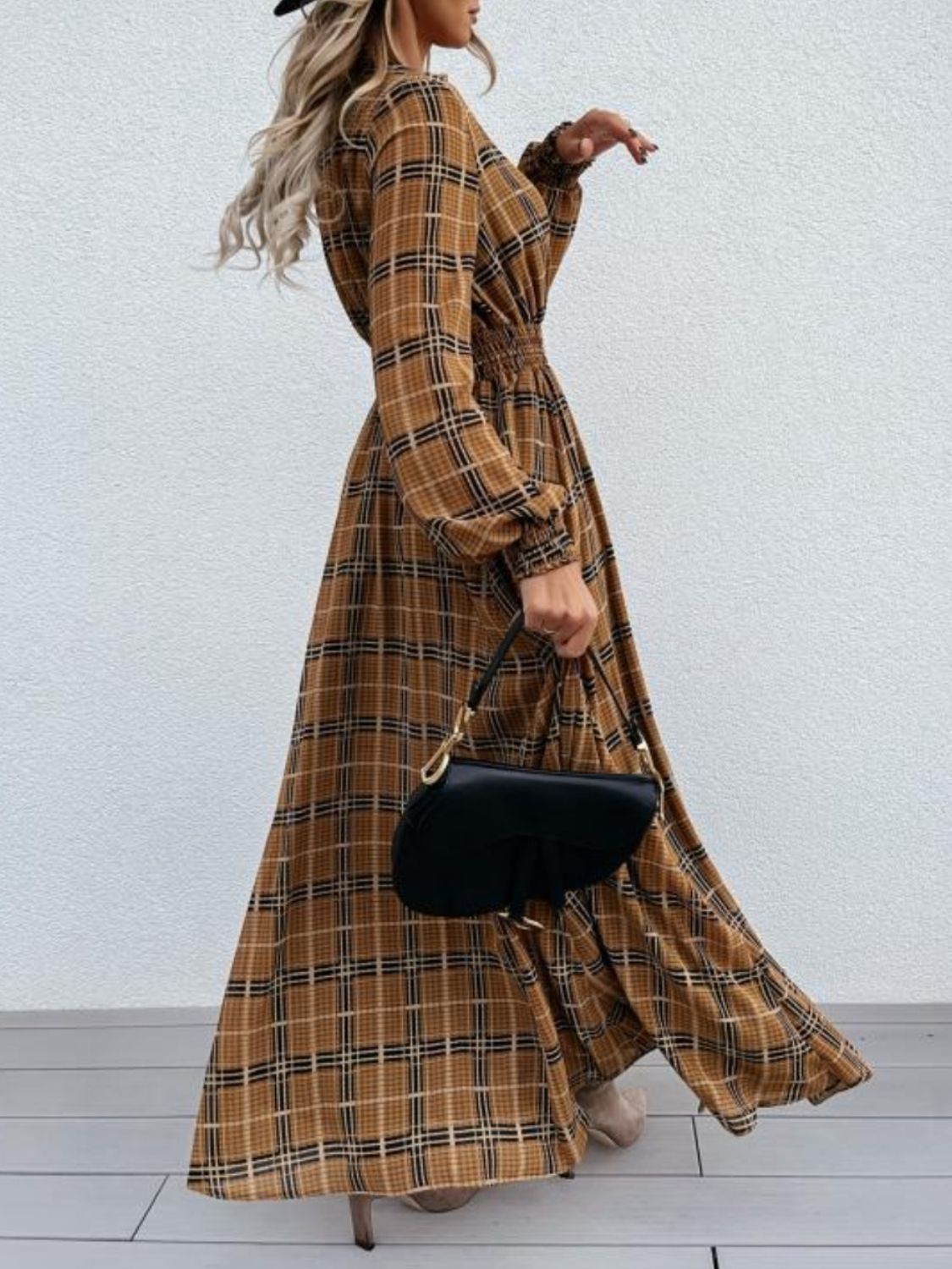 Blue Zone Planet | Ruby's Slit Plaid Tie Neck Long Sleeve Maxi Dress-TOPS / DRESSES-[Adult]-[Female]-2022 Online Blue Zone Planet