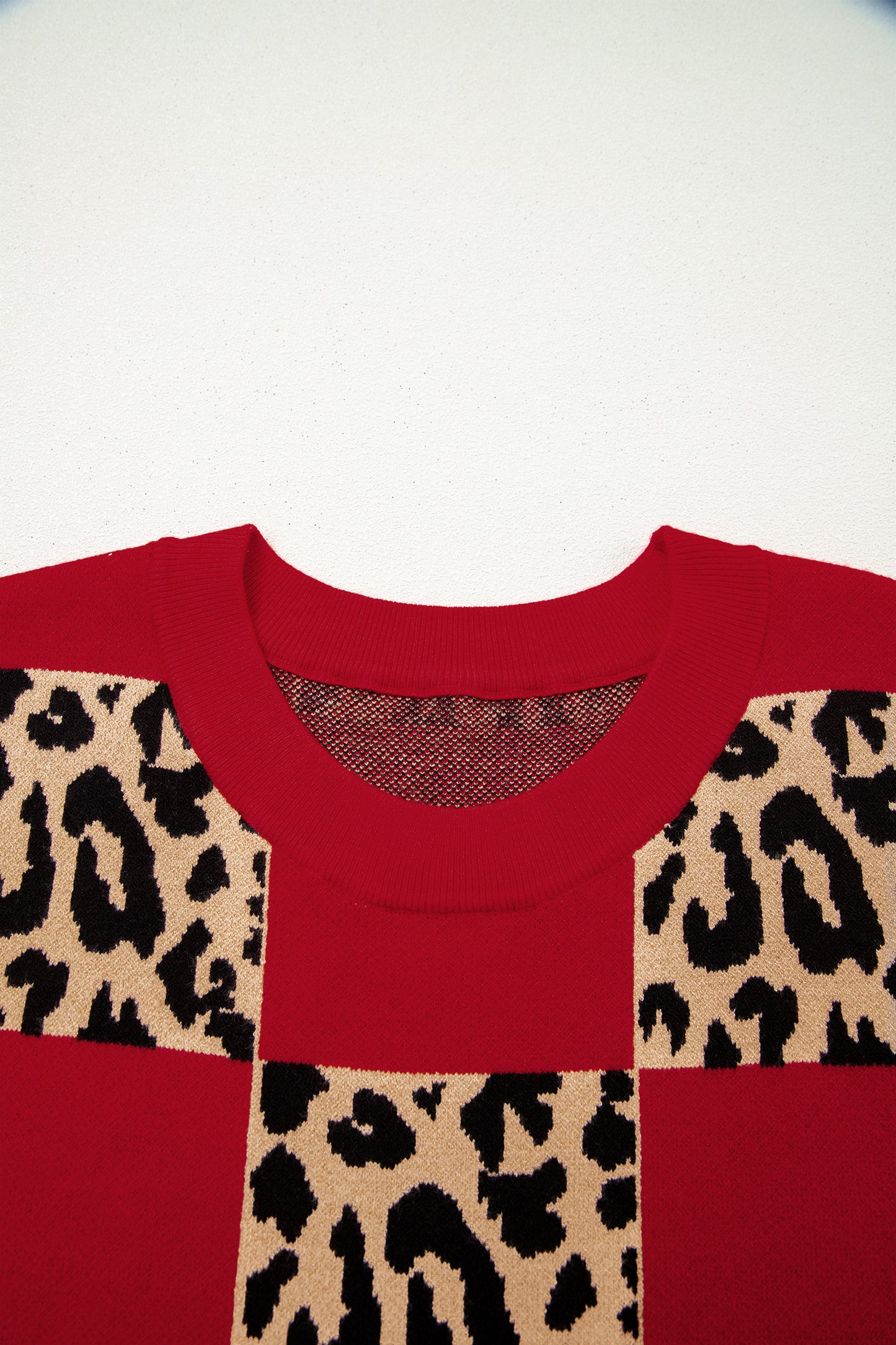 Red Plus Size Leopard Contrasted Checkered Short Sleeve Sweater-TOPS / DRESSES-[Adult]-[Female]-2022 Online Blue Zone Planet