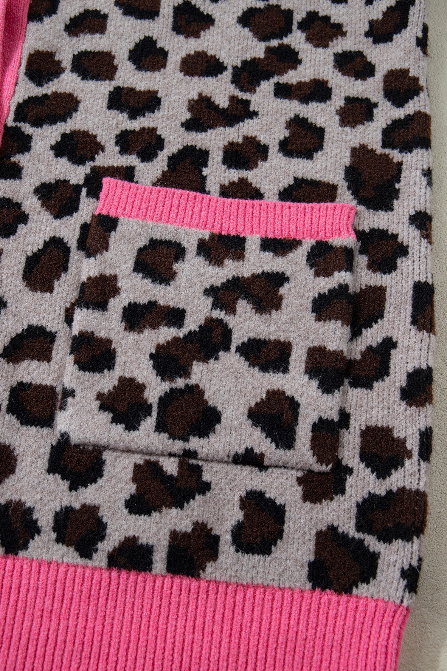 Khaki Oversize Color Block Trim Button Down Leopard Print Cardigan-Sweaters & Cardigans/Cardigans-[Adult]-[Female]-2022 Online Blue Zone Planet