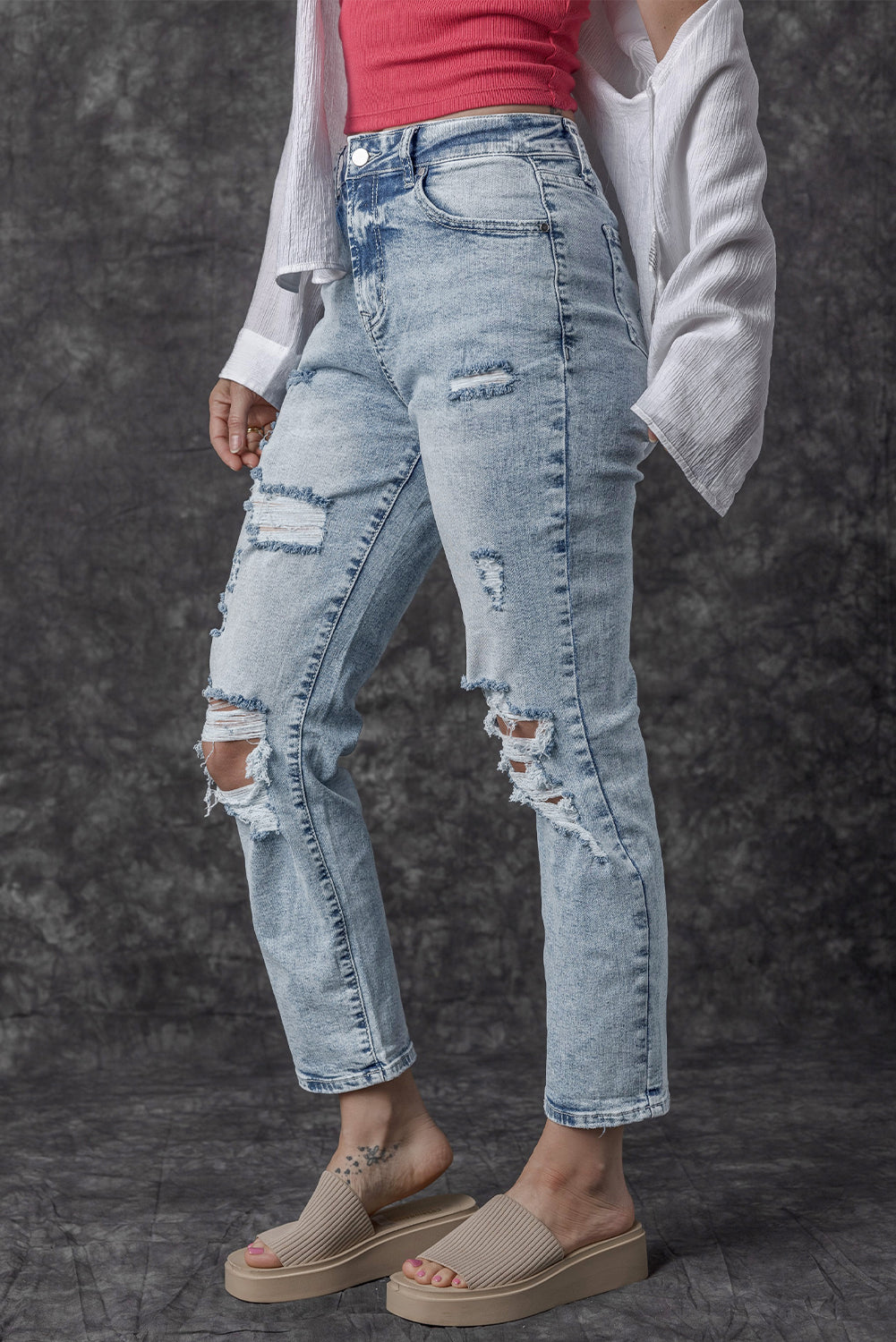 Sky Blue Light Wash Frayed Slim Fit High Waist Jeans-Bottoms/Jeans-[Adult]-[Female]-2022 Online Blue Zone Planet