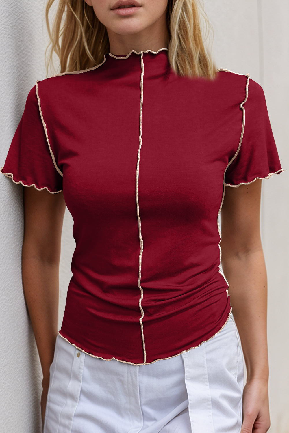 Basic Bae Contrast Trim Mock Neck Short Sleeve T-Shirt-TOPS / DRESSES-[Adult]-[Female]-Deep Red-S-2022 Online Blue Zone Planet