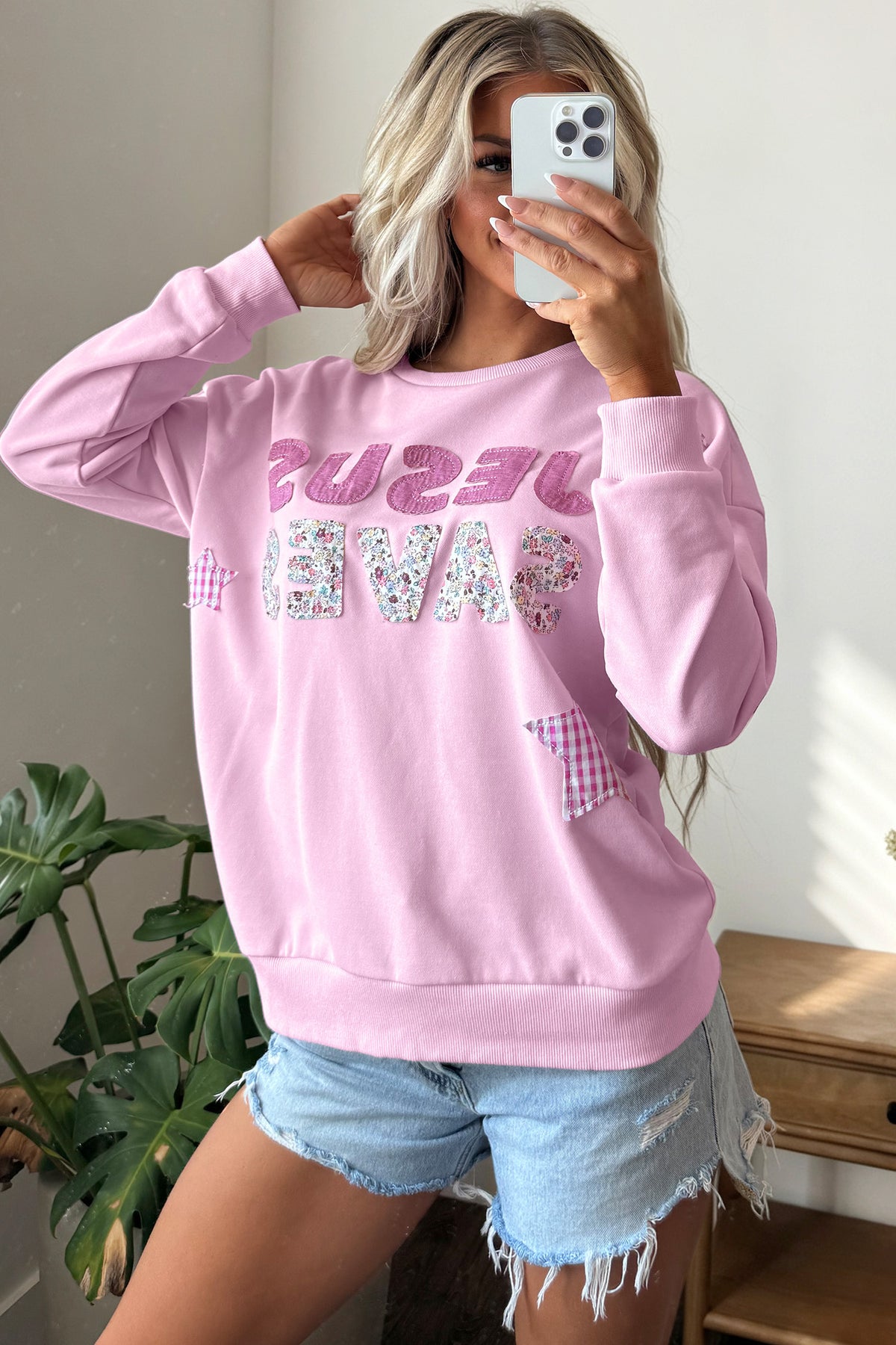 Pink Patchwork Stars Plaid Unique Floral Letters Baggy Sweatshirt-Tops/Sweatshirts & Hoodies-[Adult]-[Female]-2022 Online Blue Zone Planet