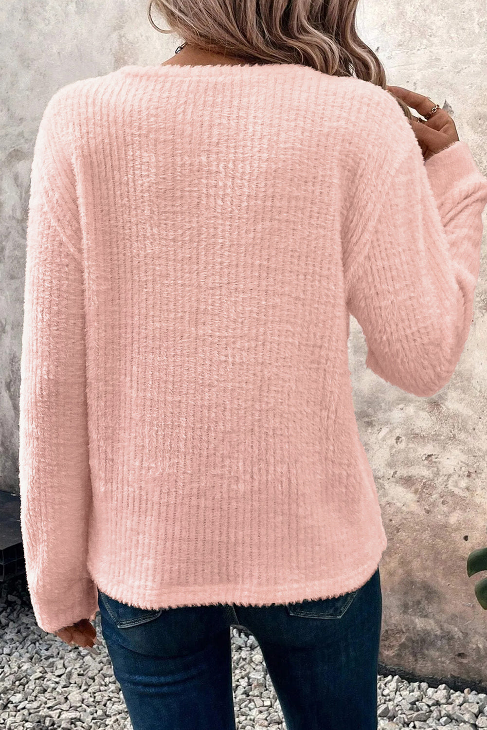 Light Pink Fuzzy Ribbed Texture Round Neck Long Sleeve Top-Tops/Long Sleeve Tops-[Adult]-[Female]-2022 Online Blue Zone Planet