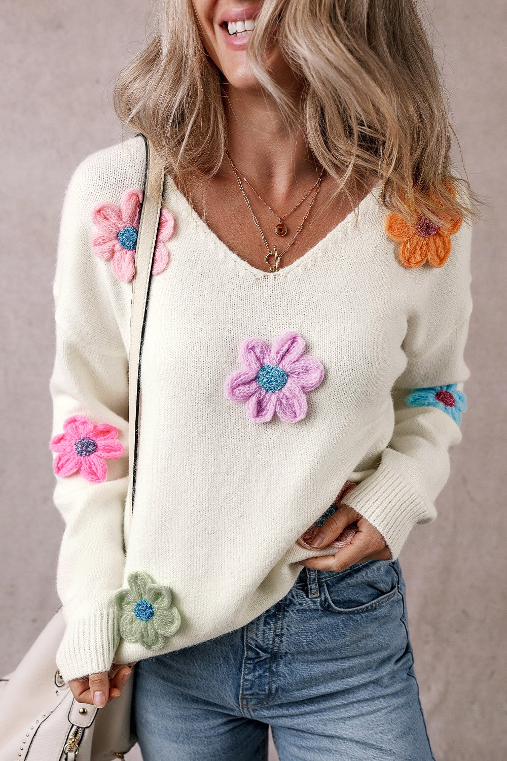 Crochet Flower V-Neck Long Sleeve Sweater-TOPS / DRESSES-[Adult]-[Female]-2022 Online Blue Zone Planet