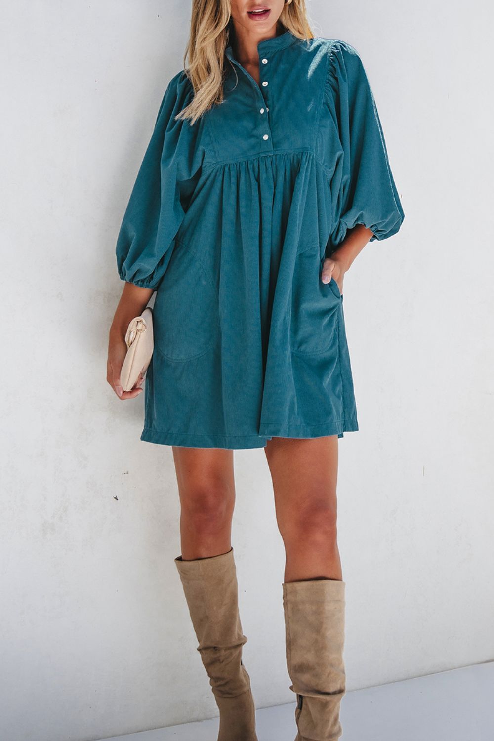 Corduroy Quarter Snap Three-Quarter Sleeve Dress-TOPS / DRESSES-[Adult]-[Female]-2022 Online Blue Zone Planet