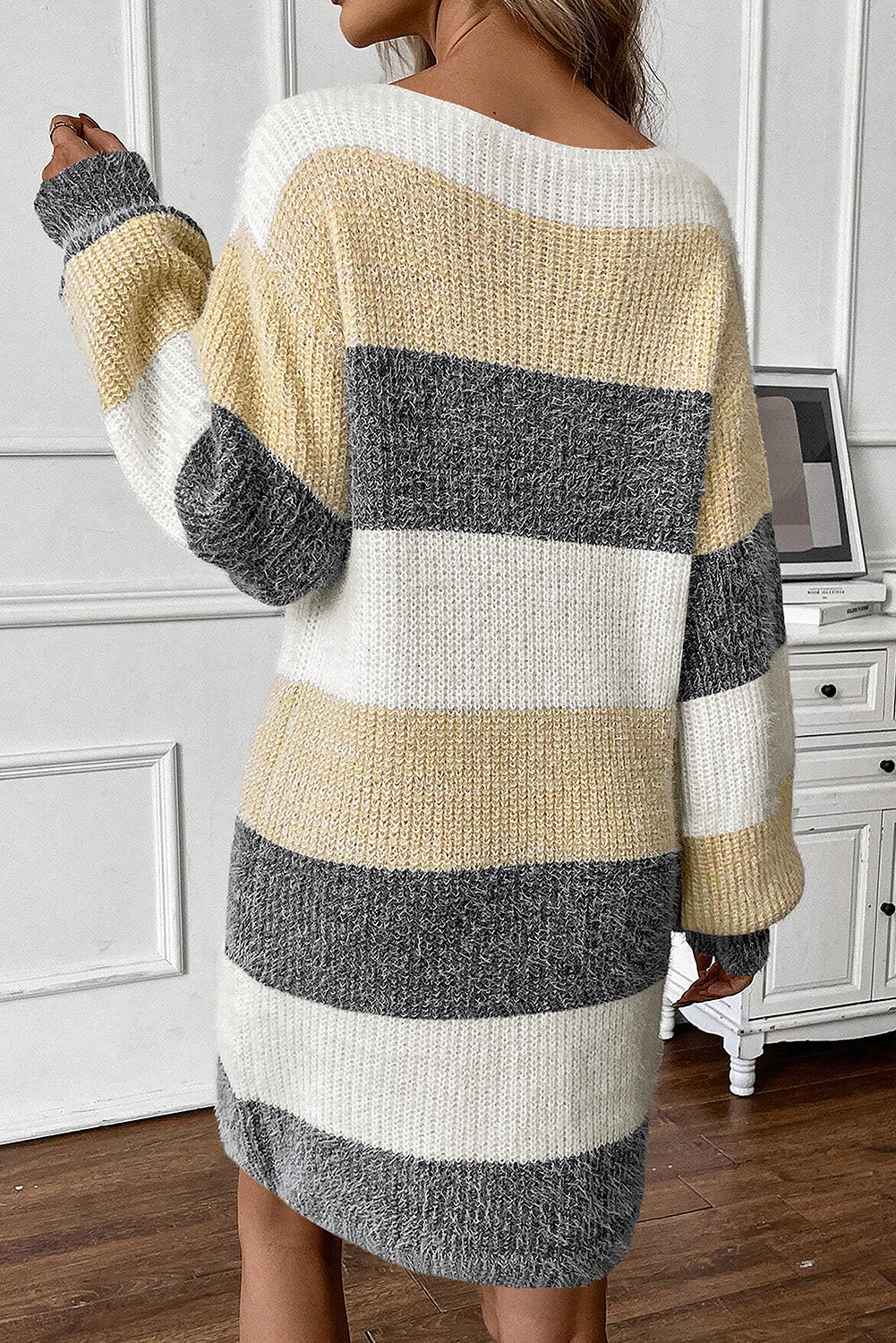 Gray Stripe Color Block Bubble Sleeve Drop Shoulder Midi Sweater Dress-TOPS / DRESSES-[Adult]-[Female]-2022 Online Blue Zone Planet