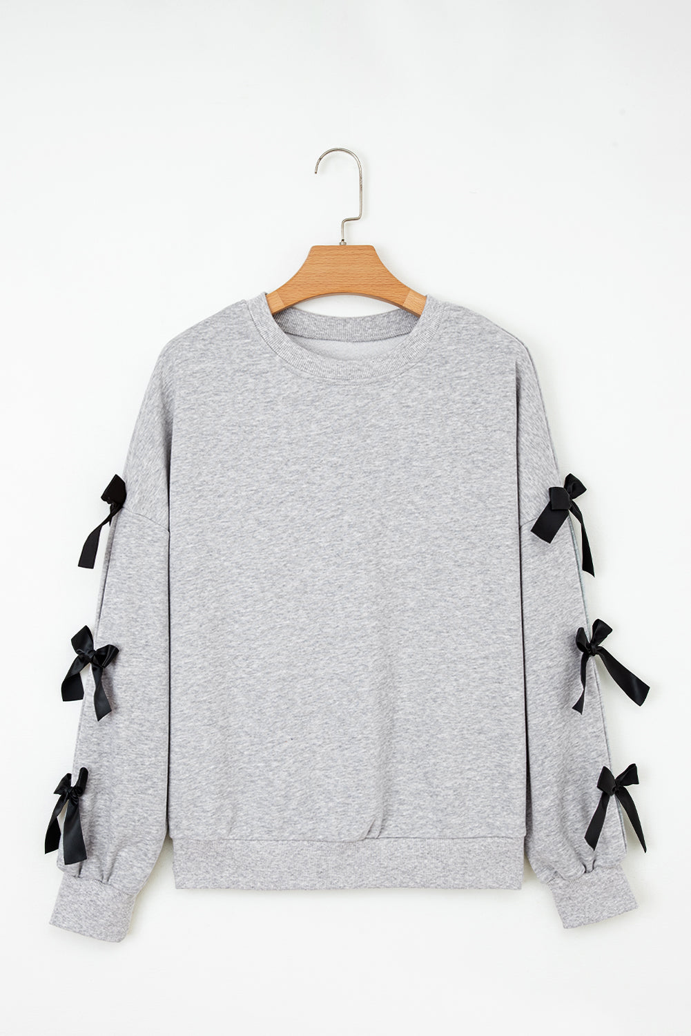 Light Grey Contrast Bow Applique Drop Sleeve Round Neck Sweatshirt-Tops/Sweatshirts & Hoodies-[Adult]-[Female]-2022 Online Blue Zone Planet