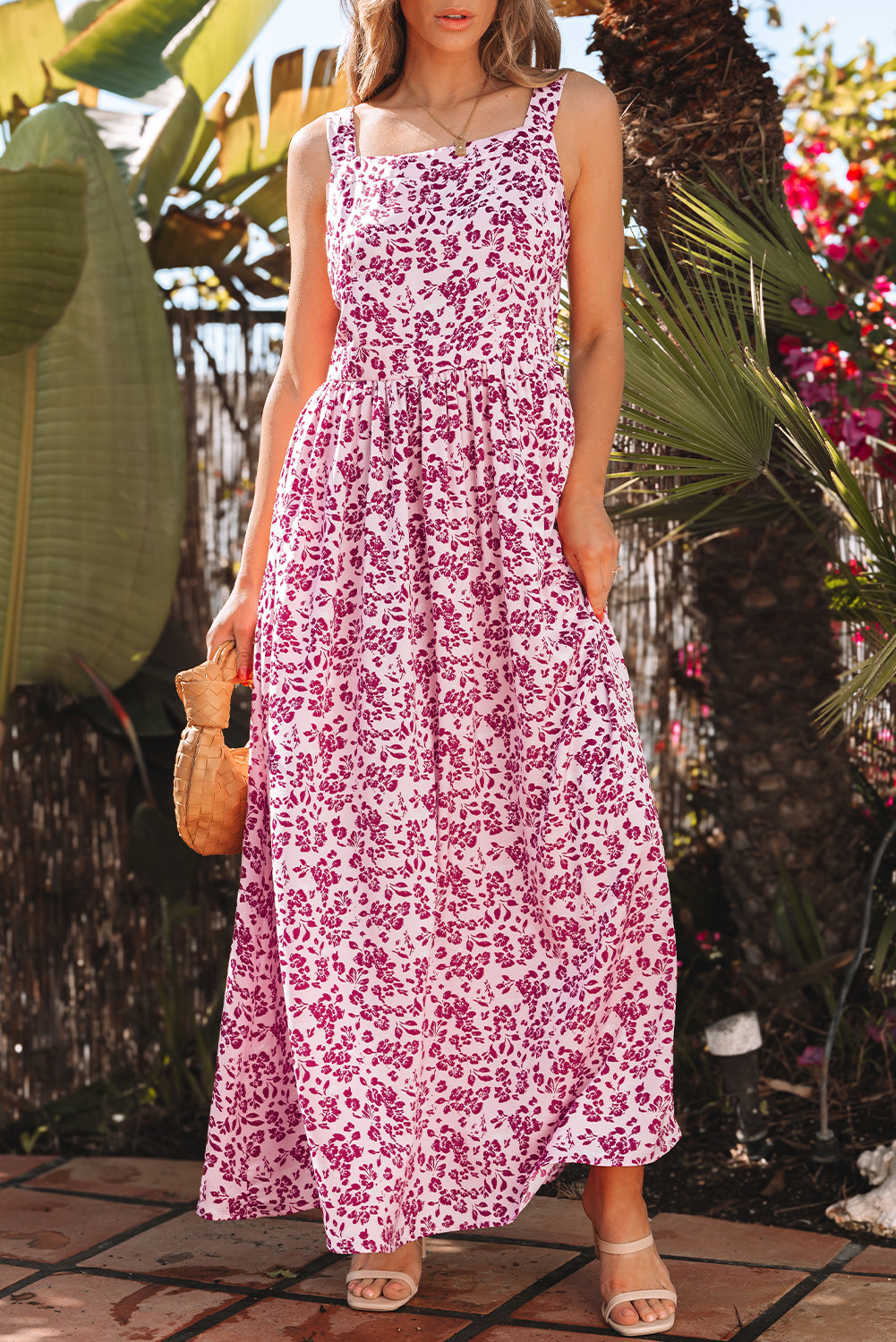 Pink Floral Cutout Back Empire Waist Sleeveless Maxi Dress-TOPS / DRESSES-[Adult]-[Female]-2022 Online Blue Zone Planet