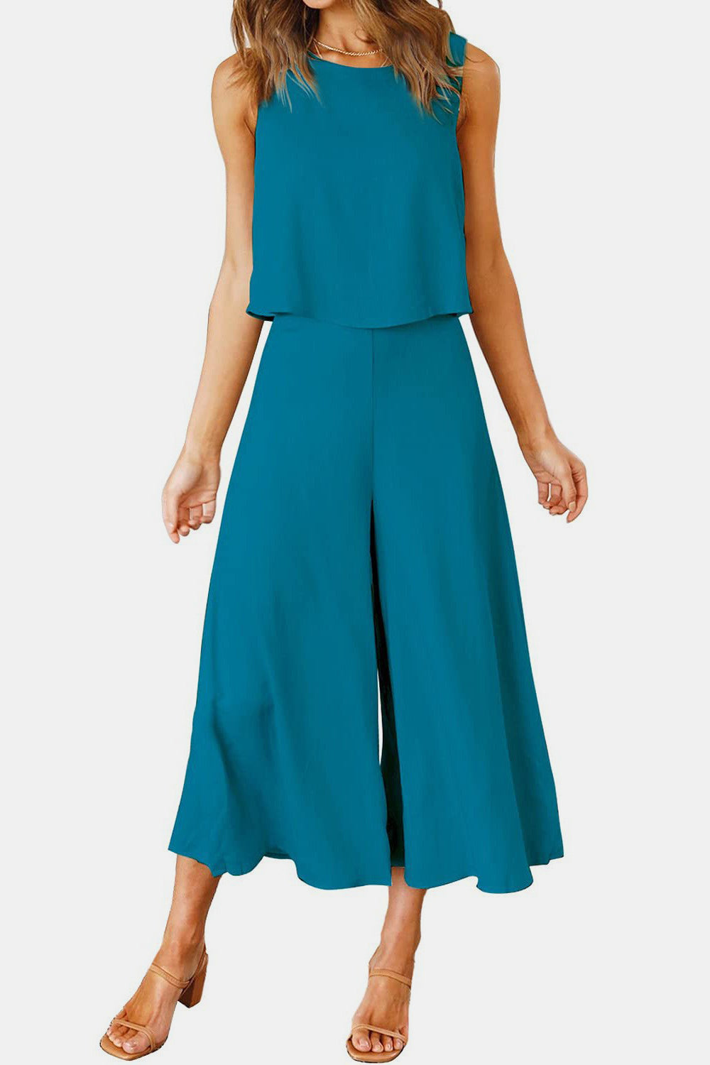 Round Neck Top and Wide Leg Pants Set-TOPS / DRESSES-[Adult]-[Female]-Sky Blue-S-2022 Online Blue Zone Planet