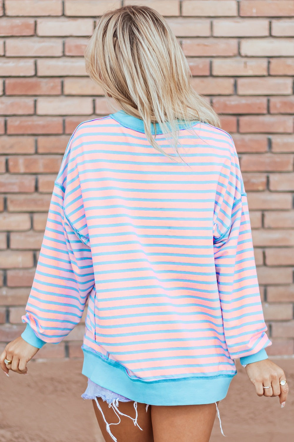 Blue Zone Planet | High-Low Striped Long Sleeve Sweatshirt-TOPS / DRESSES-[Adult]-[Female]-2022 Online Blue Zone Planet