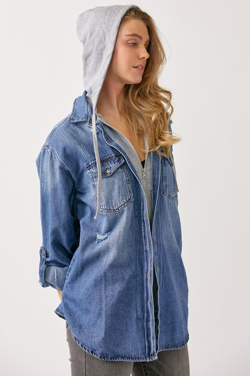 Blue Zone Planet | RISEN Zip Up Hooded Denim Shirt-TOPS / DRESSES-[Adult]-[Female]-Dark-S-2022 Online Blue Zone Planet