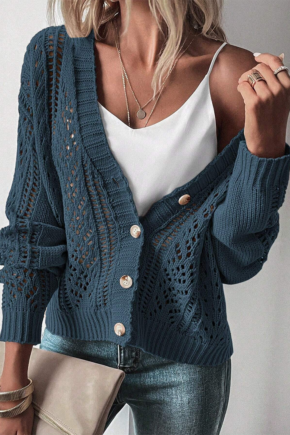 Blue Zone Planet | Green Hollow Knit Drop Shoulder Cardigan-Cardigans-[Adult]-[Female]-2022 Online Blue Zone Planet